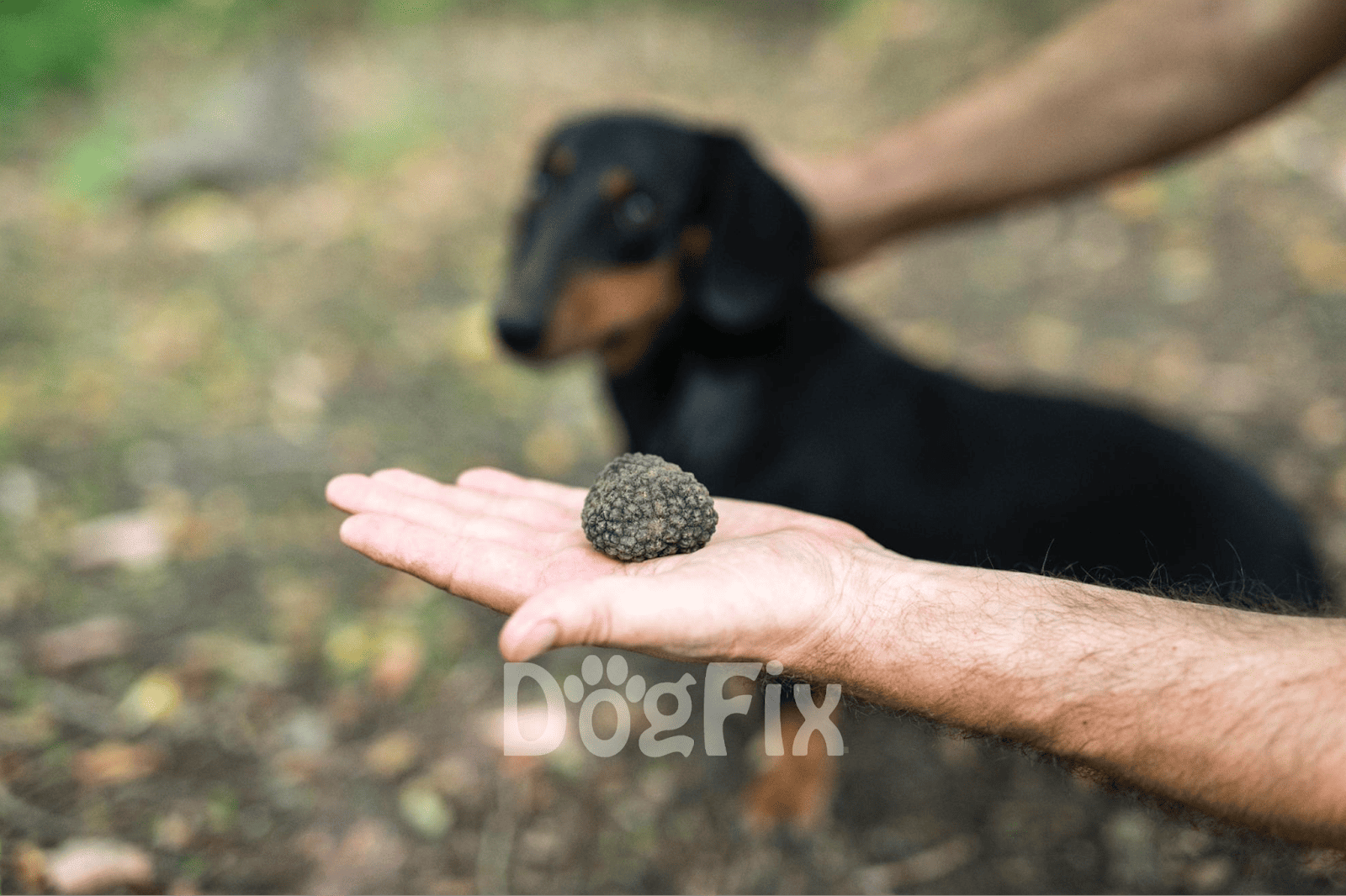 Close-up of a hand holding a black truffle, with a Dachshund dog in the background at outdoor park.