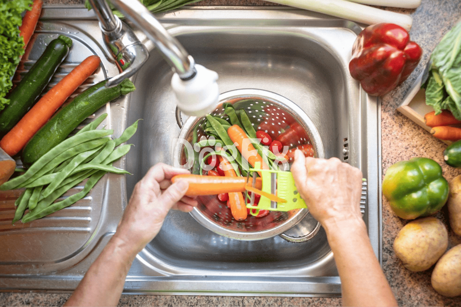 Handwashing carrots and vegetables in kitchen sink for healthy homemade dog food.