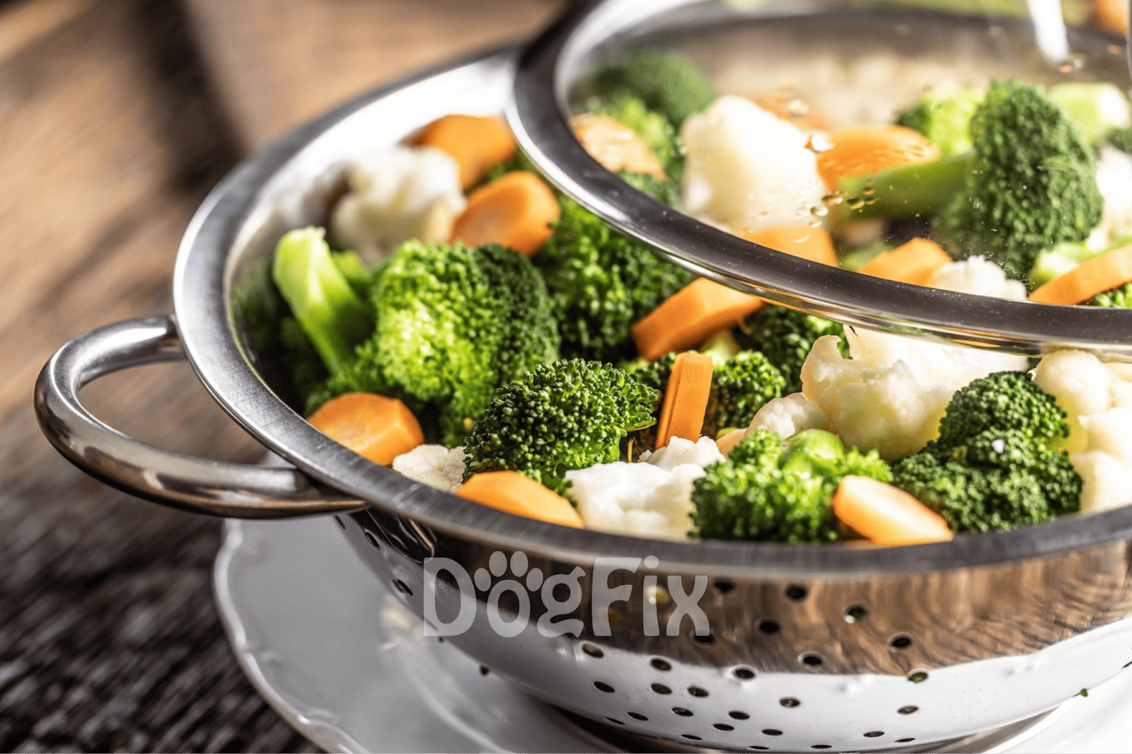 Healthy steamed vegetables including broccoli, cauliflower, and carrots for dogs.