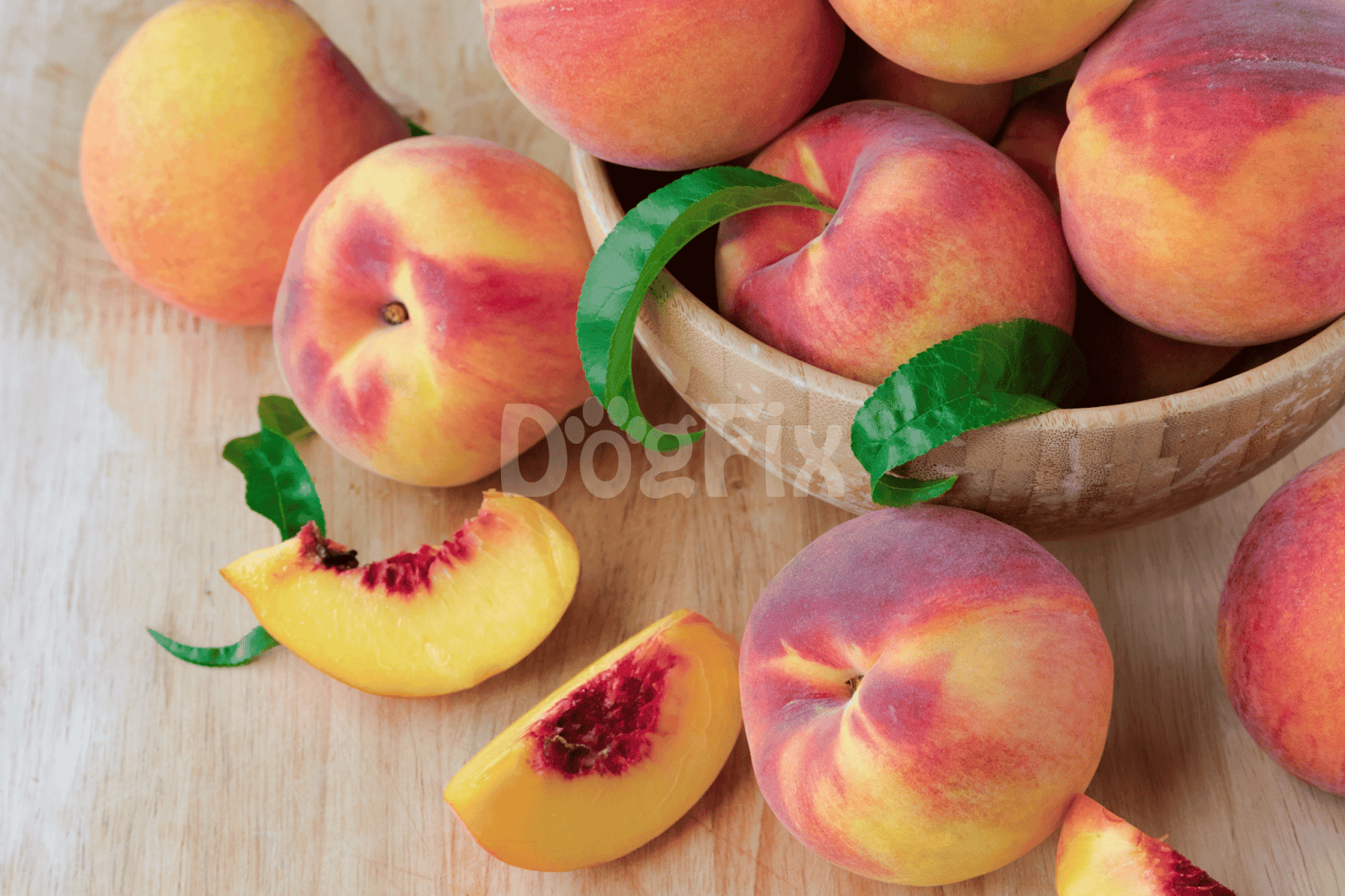 Fresh peaches in a wooden bowl, perfect for healthy dog treats and summer snacks.