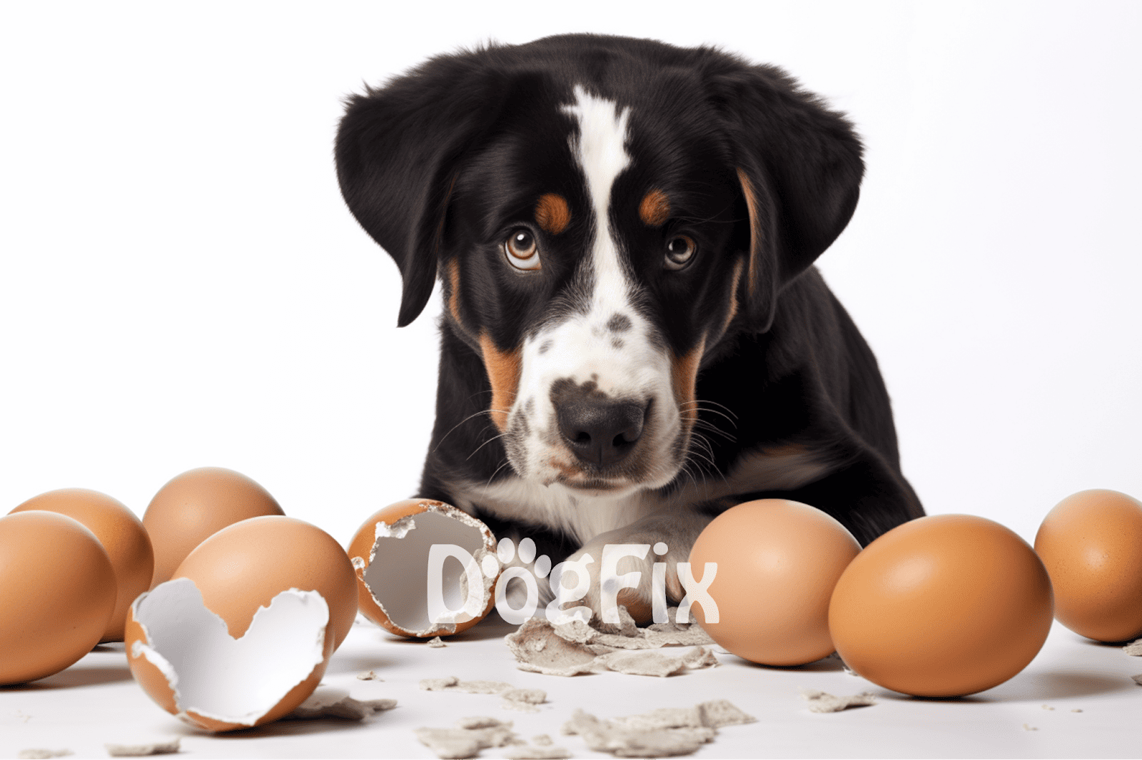 Adorable puppy with eggs, highlighting pet nutrition and wellness.