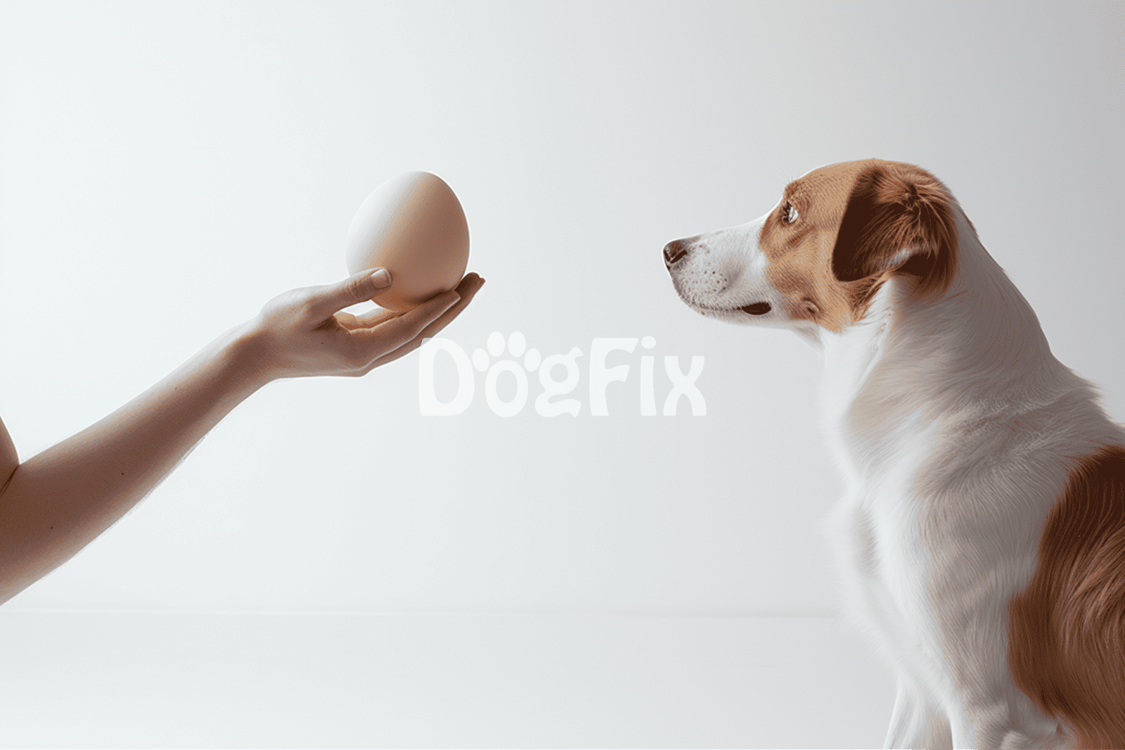 Egg, hand, and attentive dog emphasizing pet health and nutrition with Dogfix services.