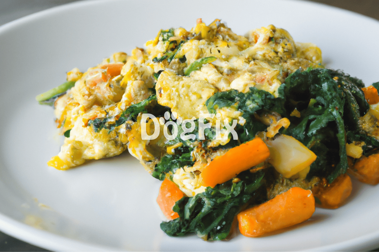Image of a nutritious dog food omelet made with eggs, chicken, spinach, carrots, and potatoes, promoting healthy eating for dogs.