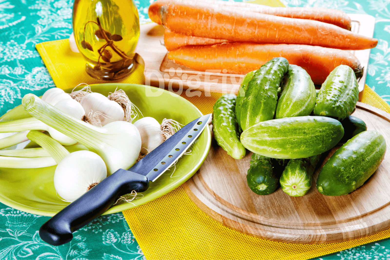 Fresh organic vegetables: carrots, cucumbers, garlic, and herbs for dog nutrition.