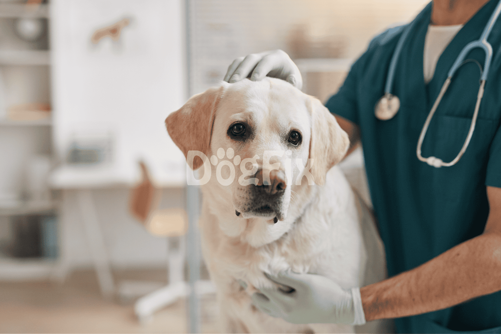 Vet examining labrador dog during veterinary health checkup inspection.