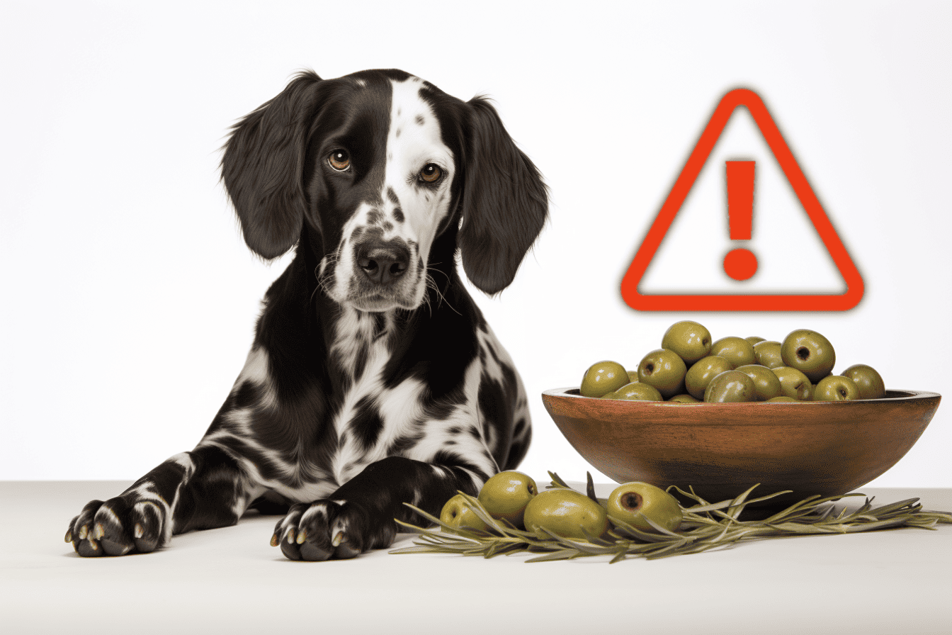 Old bowl of green olives with a warning sign icon.