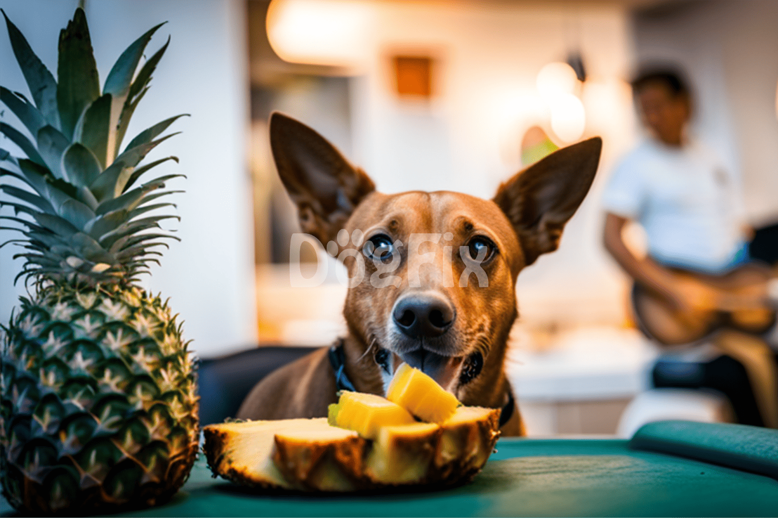 Adorable dog chewing pineapple next to a fresh pineapple, enjoying healthy snacks at home.