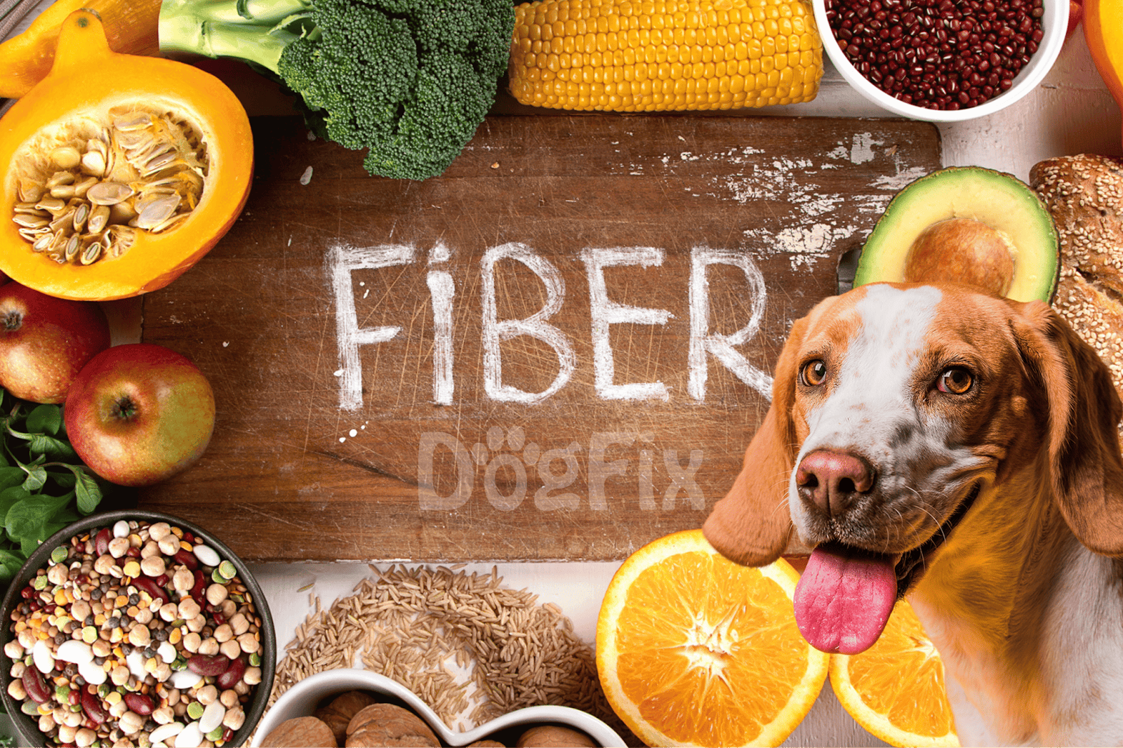Healthy fiber foods for dogs, such as fruits and grains, for a balanced diet & better digestion.