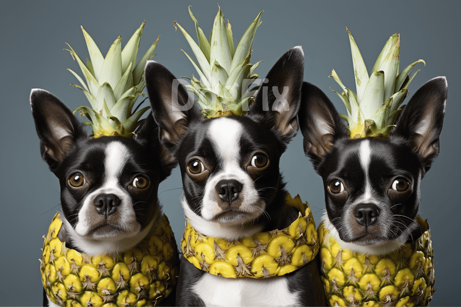 Adorable dogs wearing pineapple accessories, perfect for pet fashion and fun images.