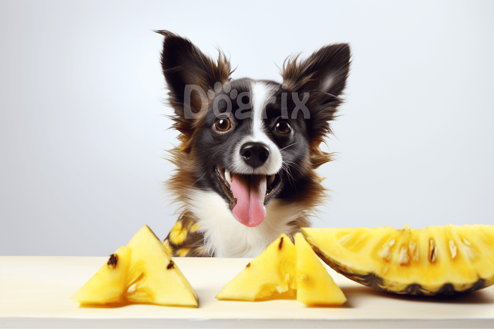 Adorable Australian Shepherd dog with cheerful expression and pineapple slices on white surface.