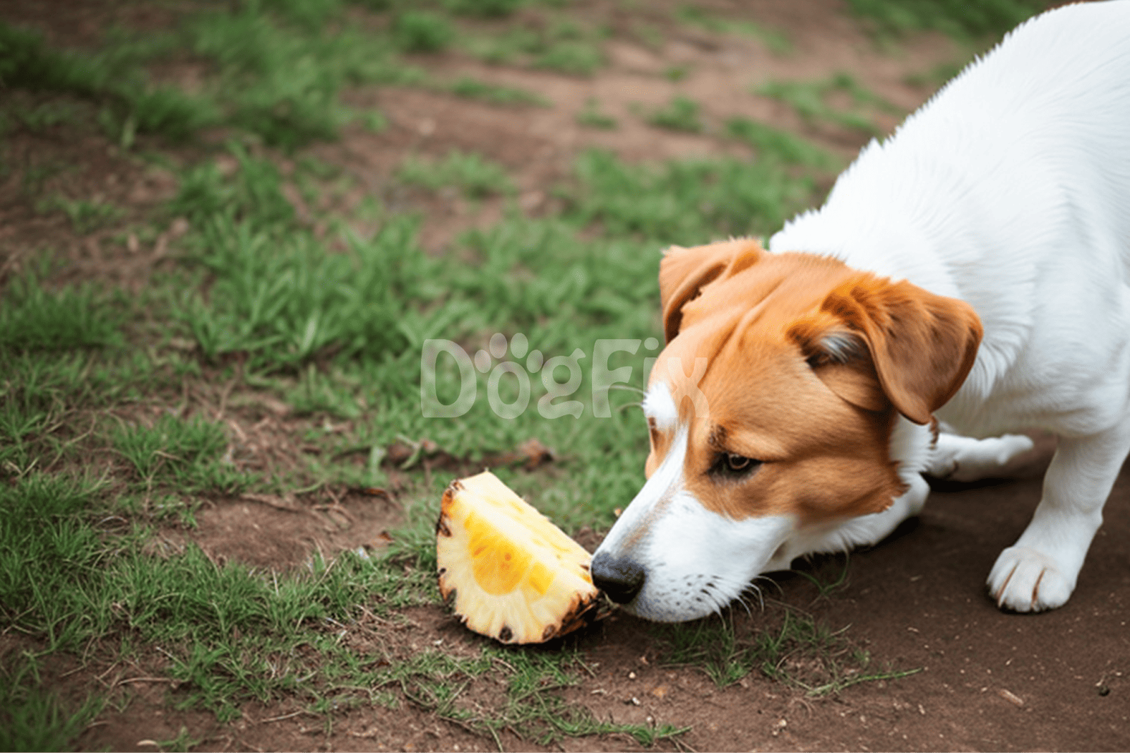 Dog playing with pineapple on grass field, outdoor pet activity, canine fun, healthy dog treats, dog lifestyle.