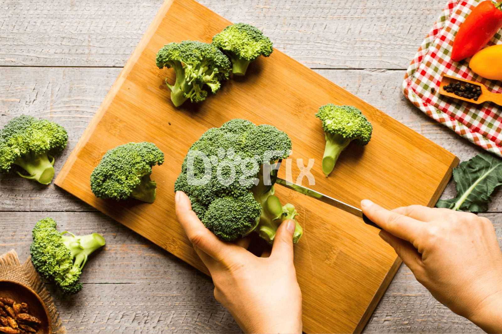Bright green broccoli florets on wooden cutting board for nutritious dog food recipes.