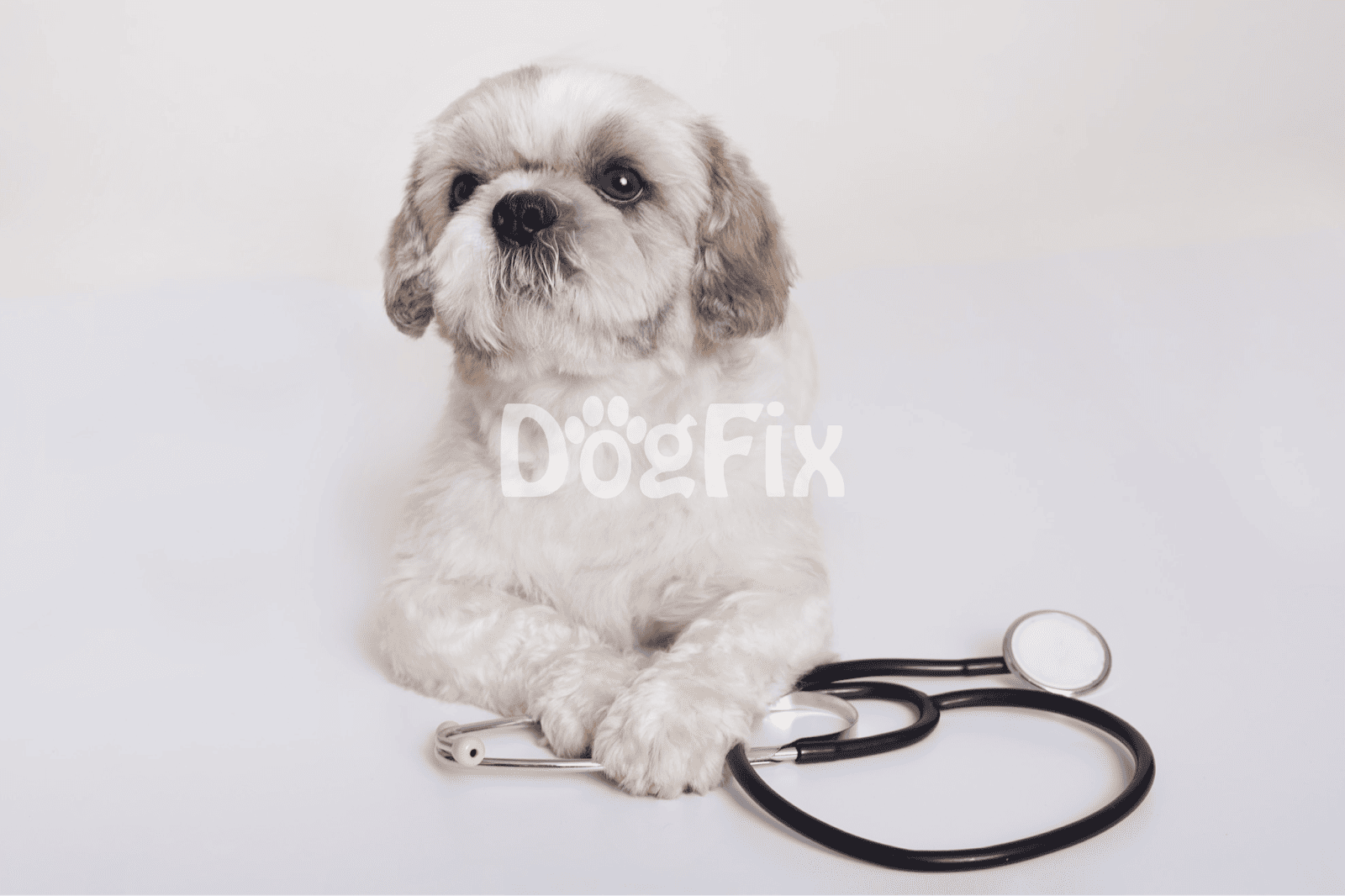 Dog lying with stethoscope on white background.