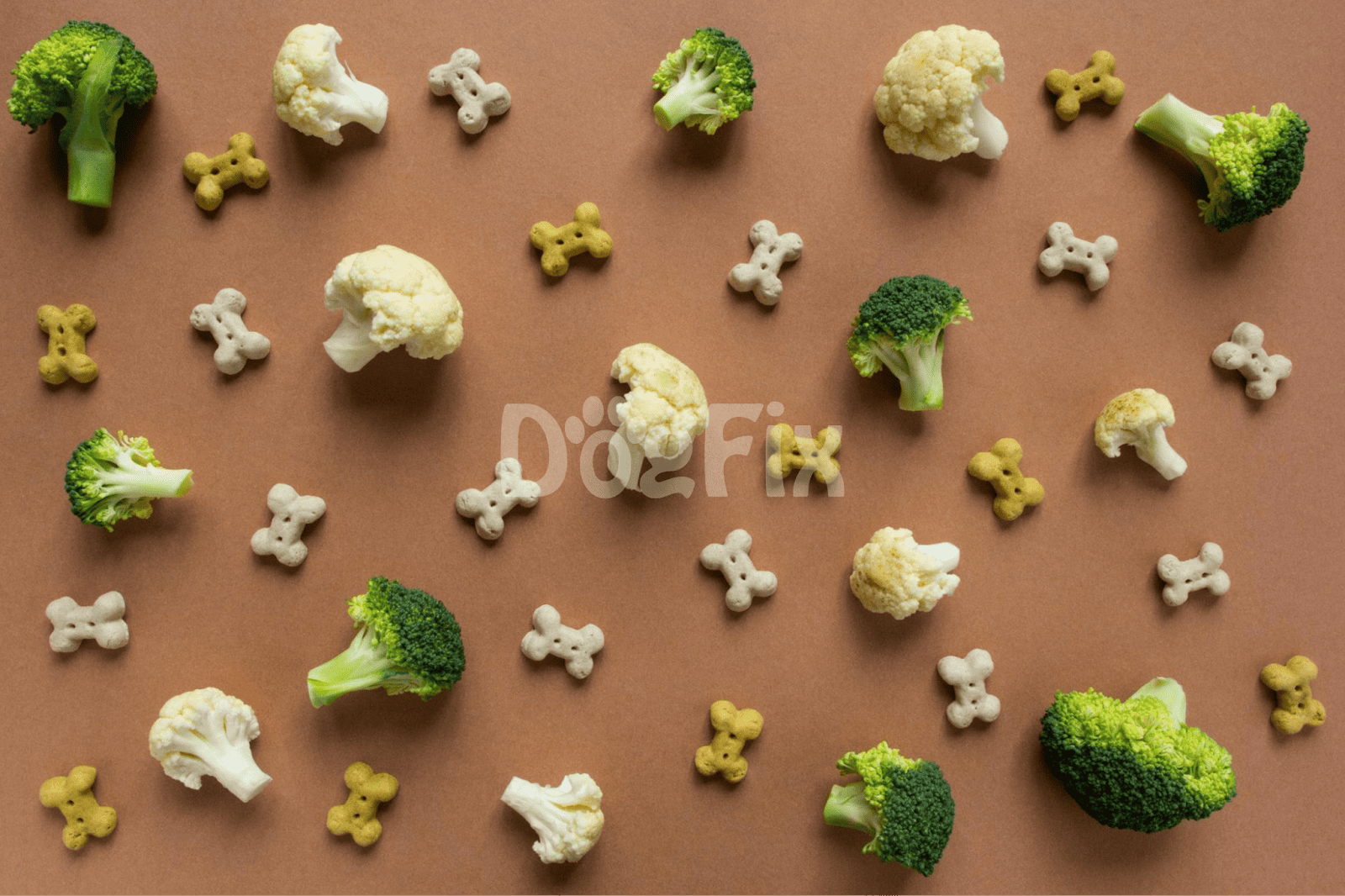 Healthy dog treats with broccoli, cauliflower, and bone-shaped biscuits.