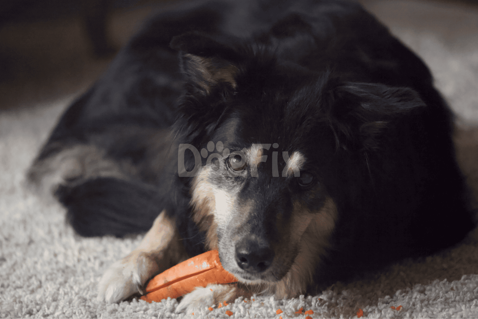 Adorable dog chewing a toy on plush carpet floor.
