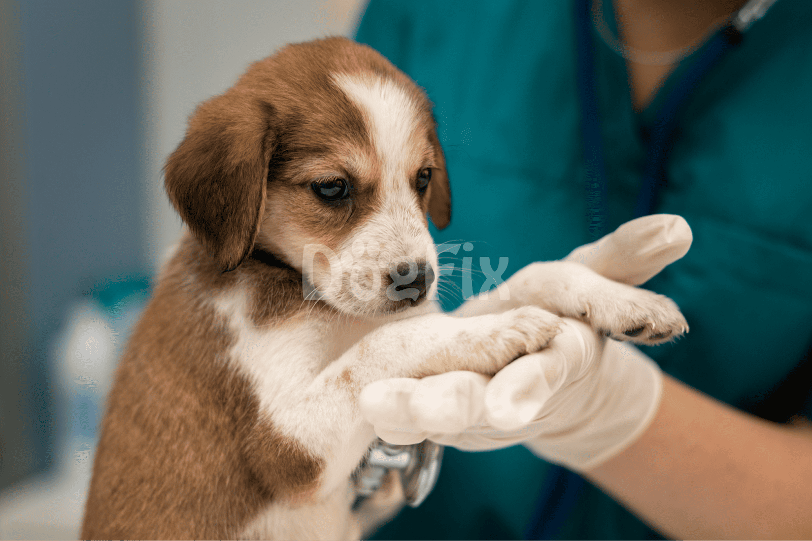 Close-up of a cute puppy receiving a health examination from a veterinarian, highlighting pet care and wellness services.
