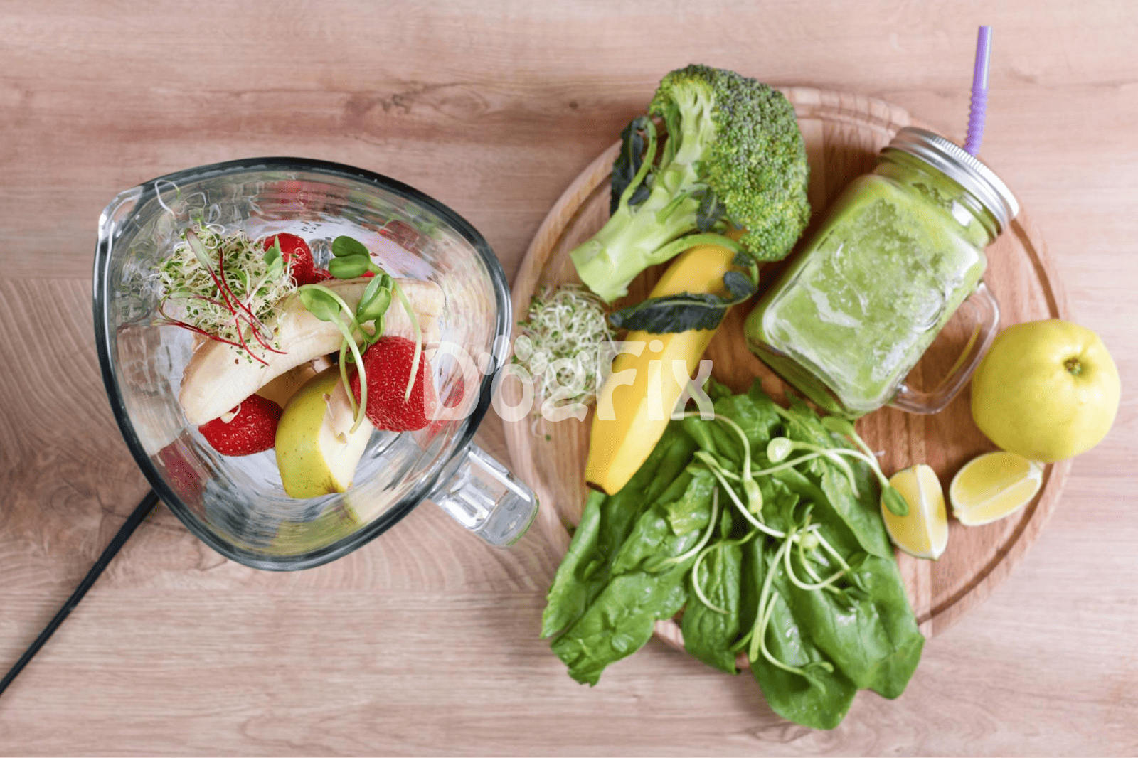 Vibrant green smoothie with fresh fruits and veggies for pets.