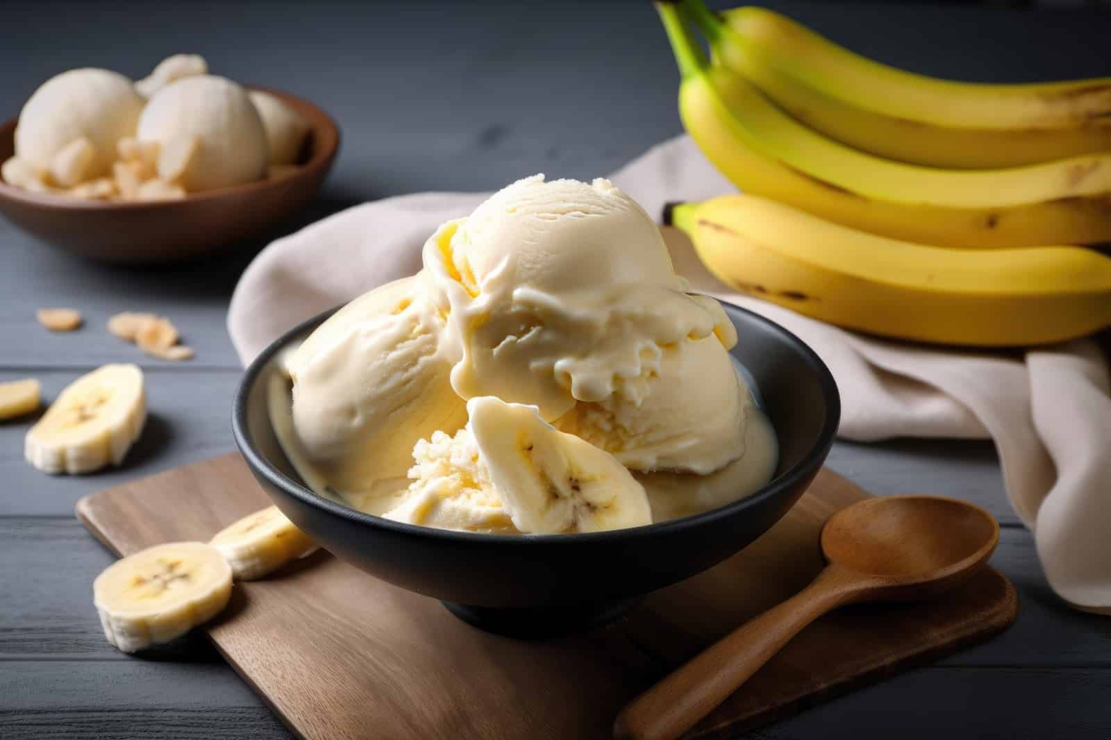 Delicious homemade banana ice cream served in a black bowl on a wooden board, with bananas and ingredients in the background.