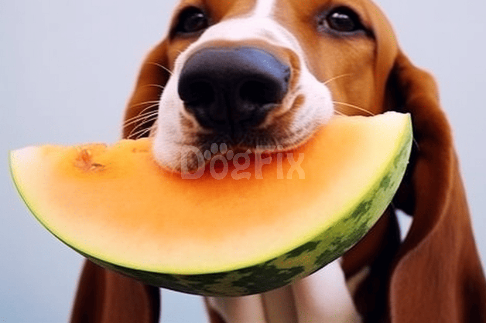 Dog with a slice of melon in its mouth, showcasing pet-friendly fruit snacks.