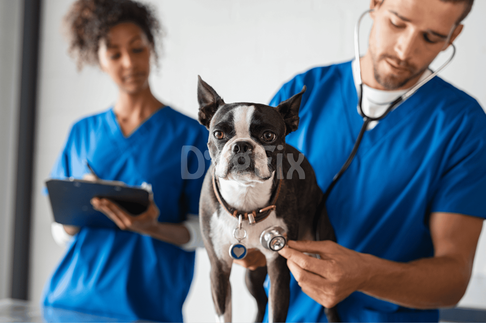 Vet examines and diagnoses a Boston Terrier with stethoscope in a modern clinic.