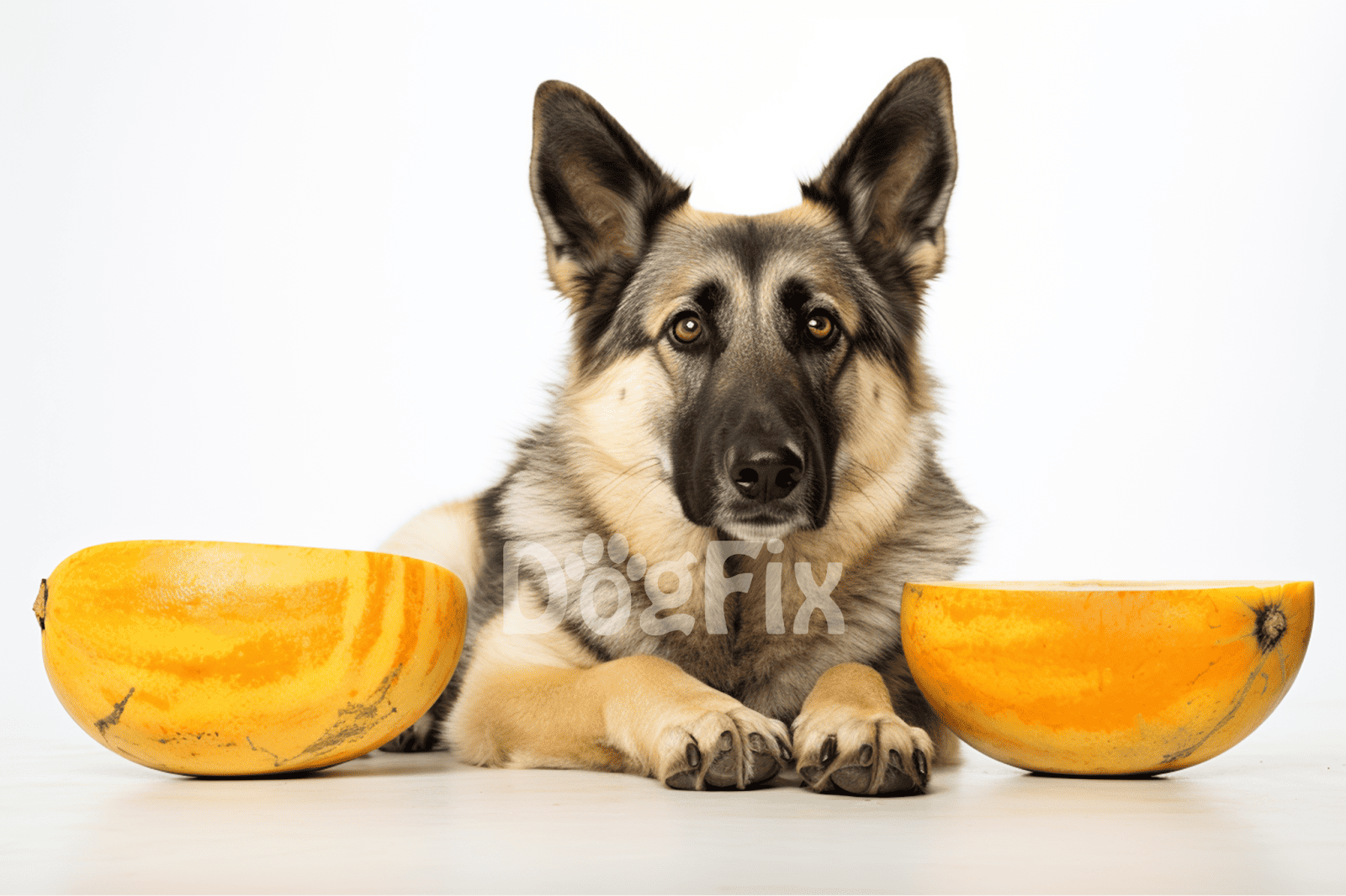 Dog with two melons in bowls, healthy dog eating fresh fruit, German Shepherd in a studio shot.