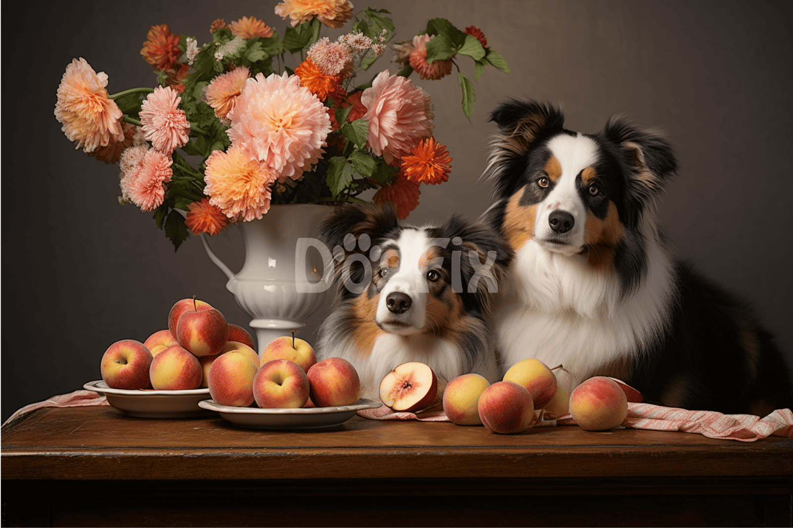 Adorable Australian Shepherd dogs surrounded by apples and pink flowers, creating a cozy, stylish home decor scene.