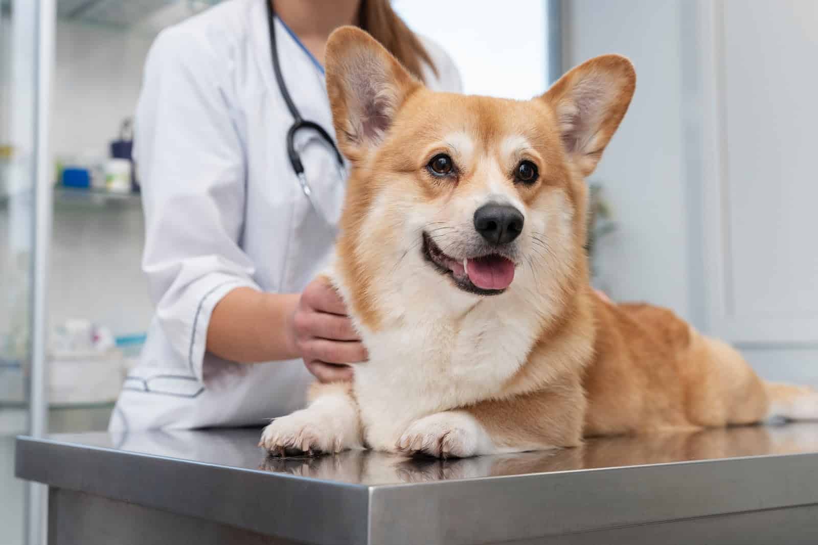 Close-up of a happy corgi receiving veterinary examination at the pet clinic.