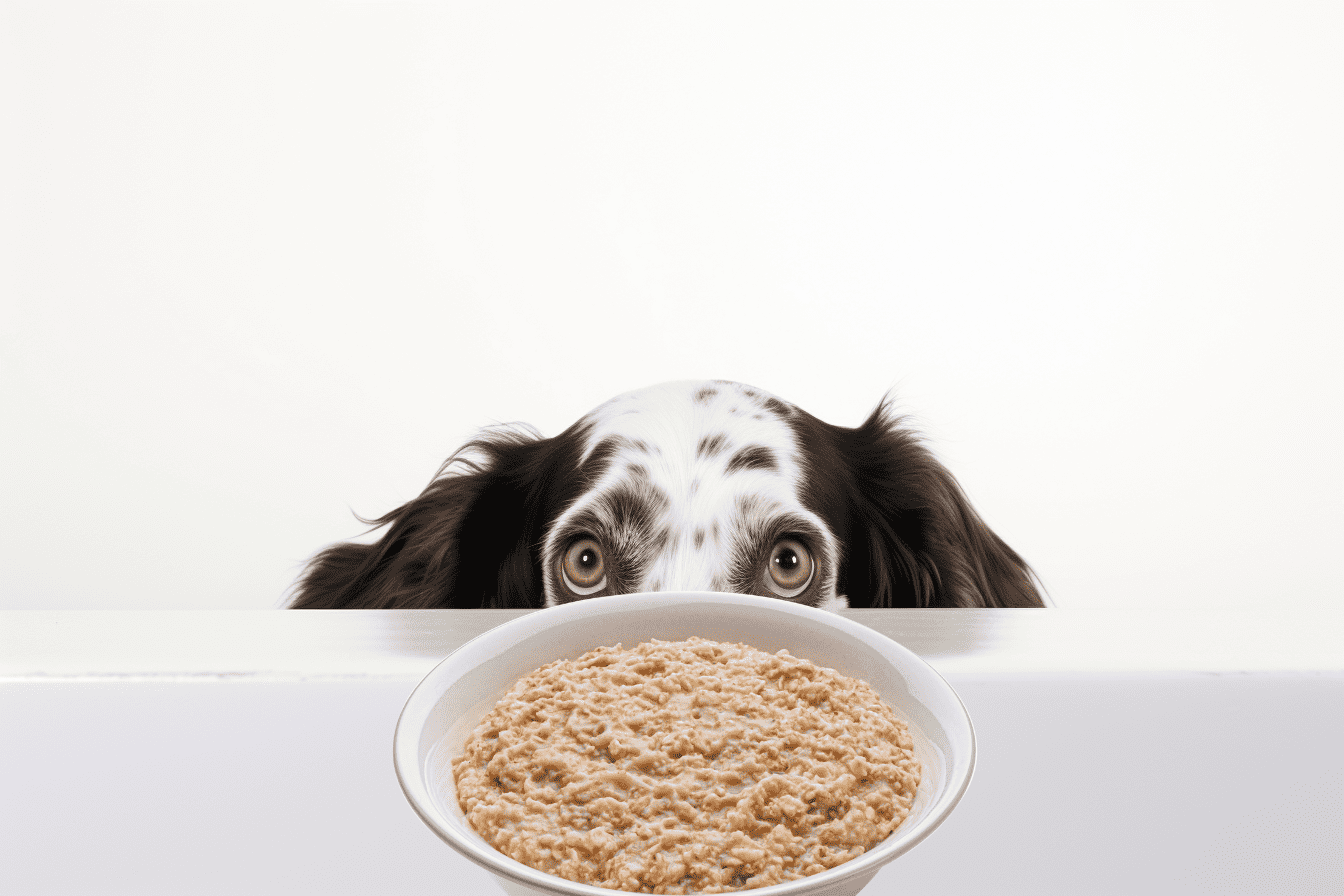 Adorable dog looking at a bowl of wet dog food on white background.