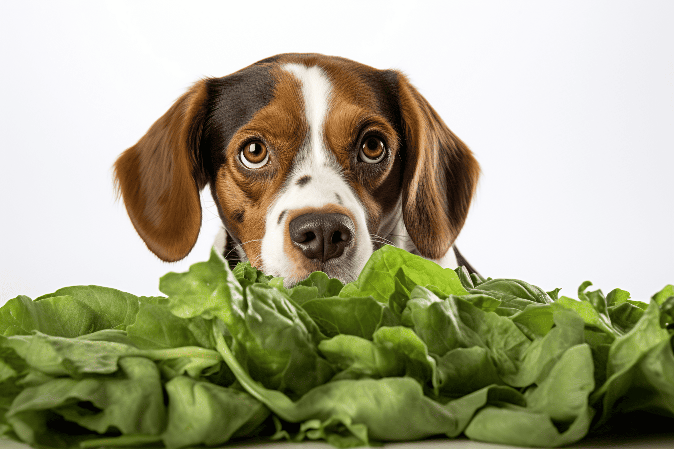 Adorable dog with lettuce in a white background.