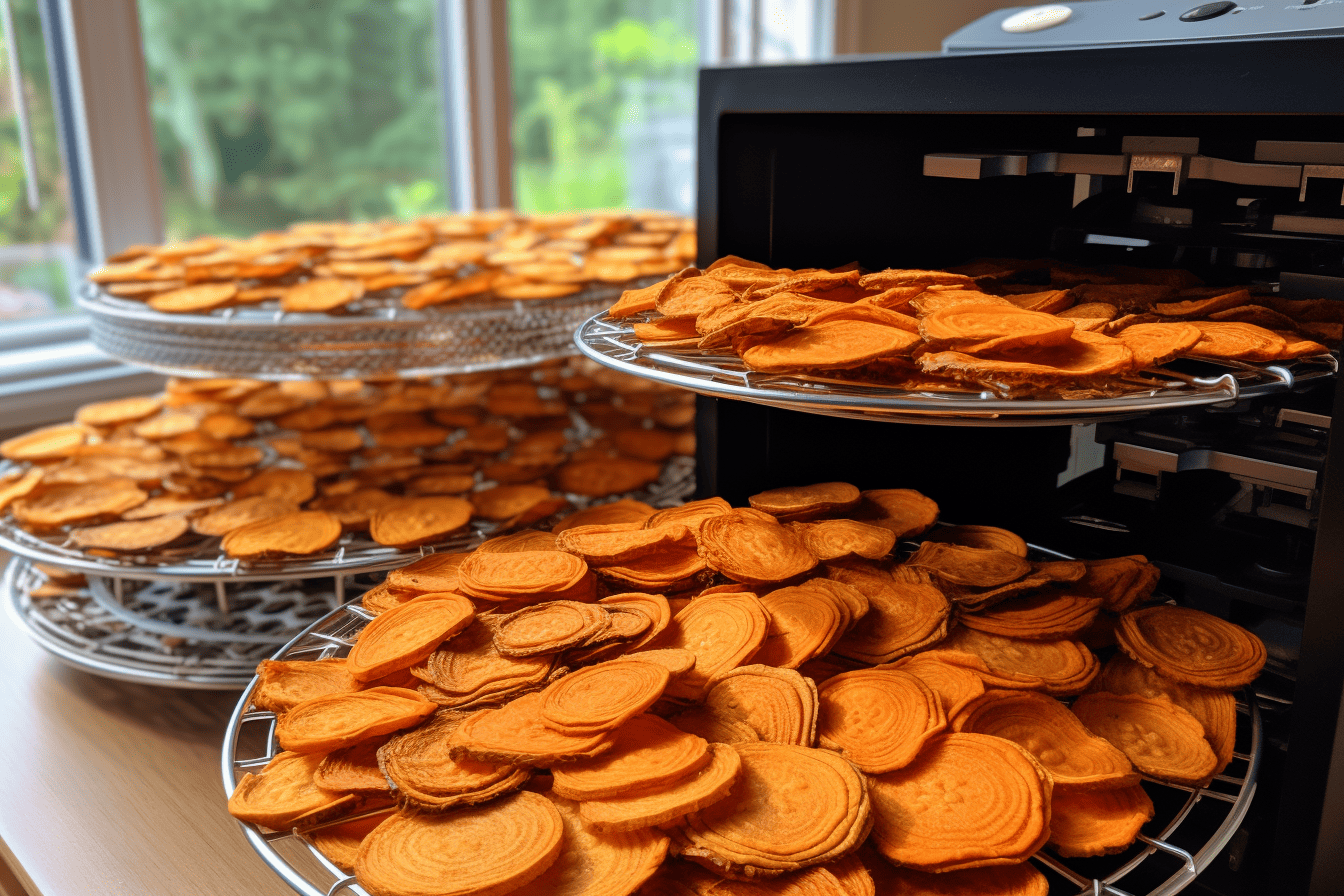 Dehydrated sweet potatoes drying on racks for healthy dog treats.