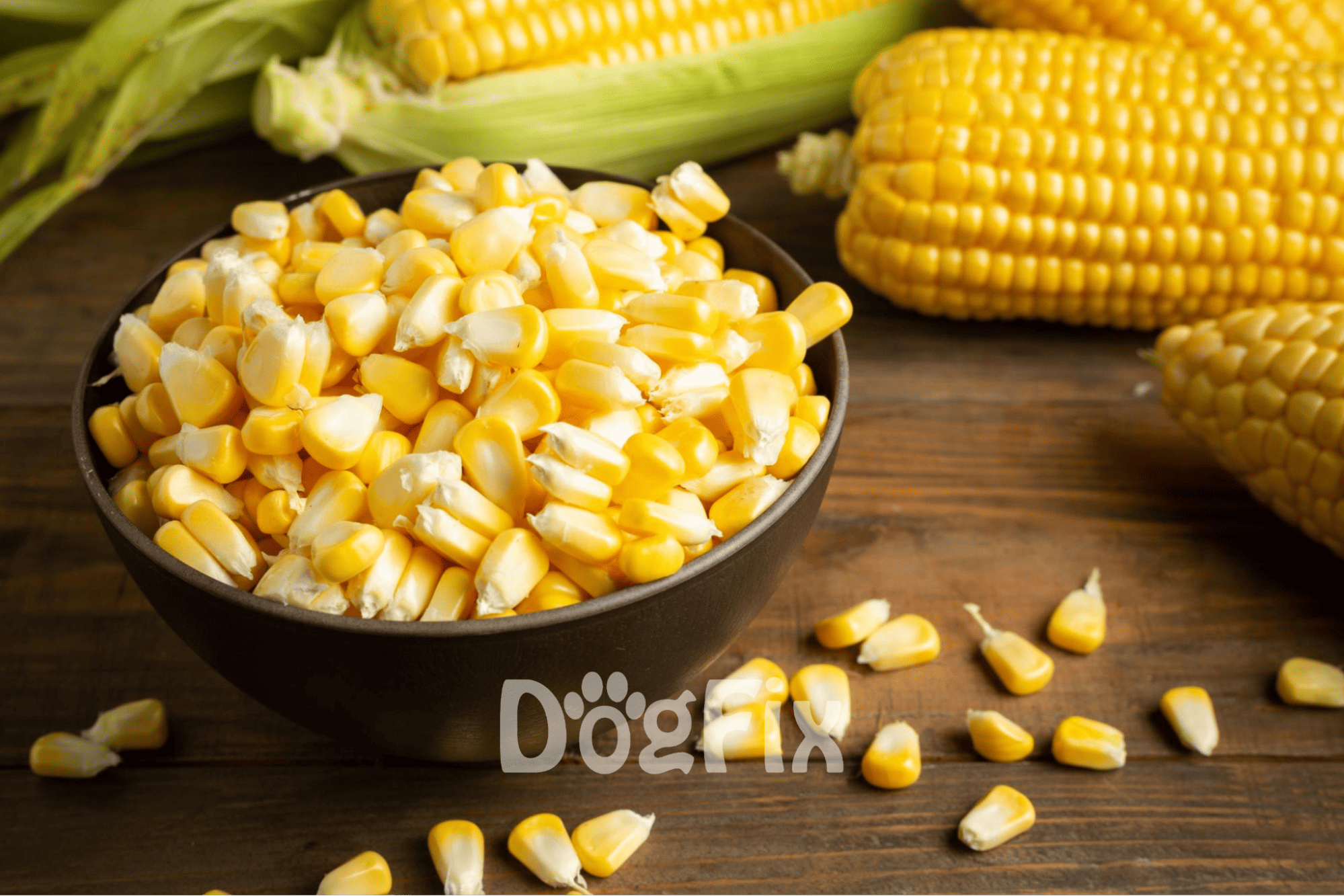 Fresh yellow corn kernels in a bowl with corn on the cob in the background.