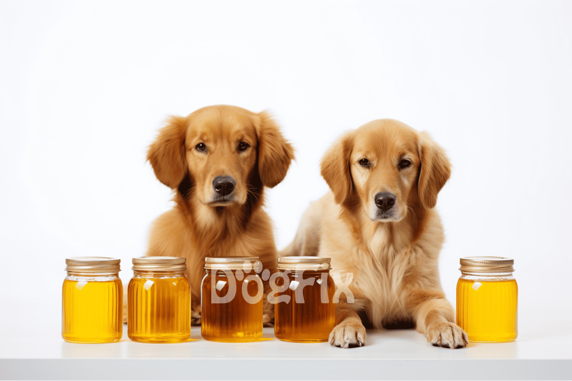 A pair of adorable Golden Retrievers sitting with jars of dog supplements on a white background.