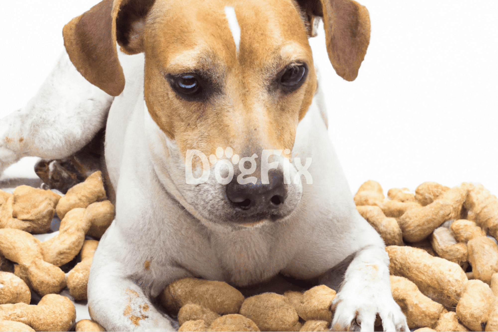 Close-up of a dog with treats surrounding it, highlighting dog care and treat options.