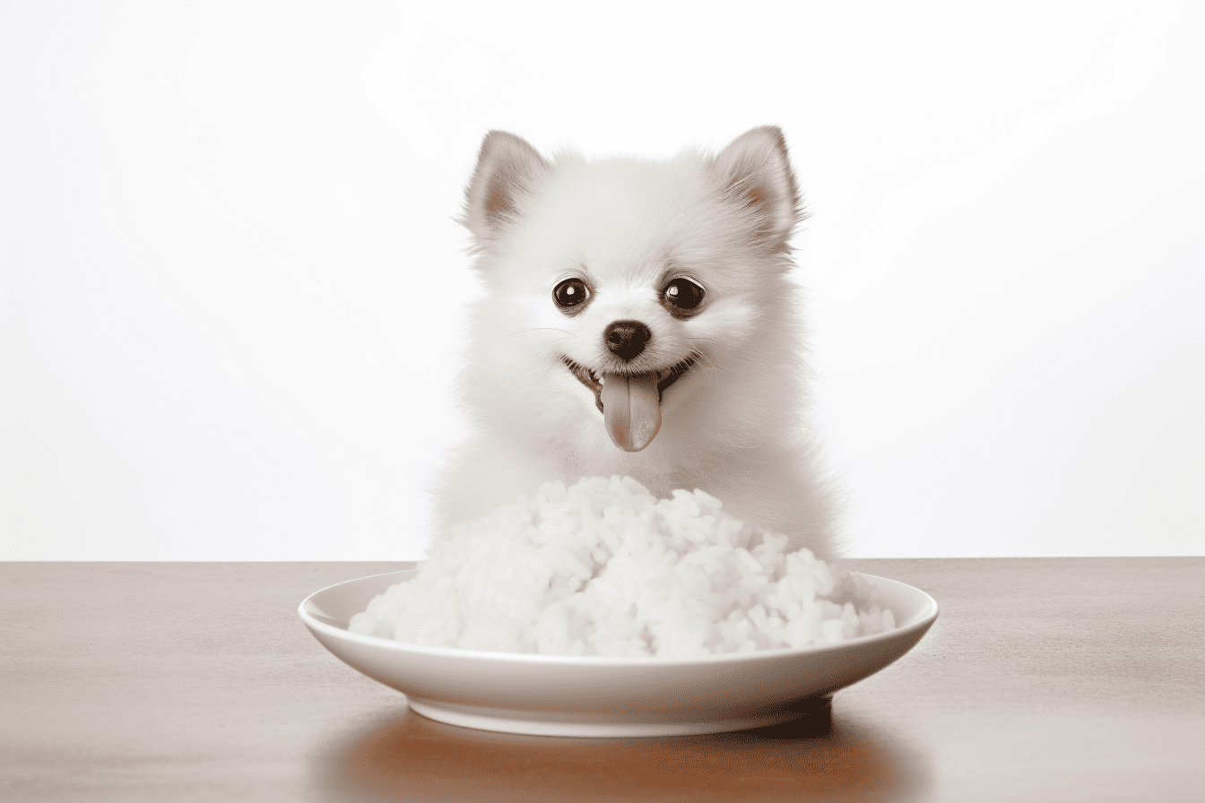 Pomeranian puppy with wide eyes, sitting behind a plate of rice, showcasing adorable and happy pet spirit.