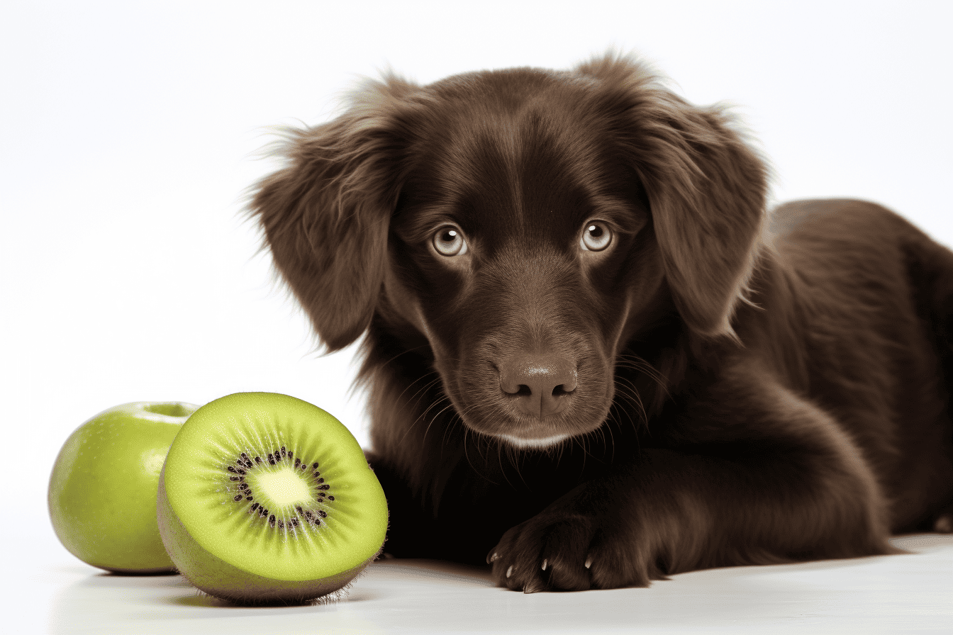 Adorable chocolate Labrador puppy lying next to sliced kiwi fruit for healthy treats - Dogfix.com.