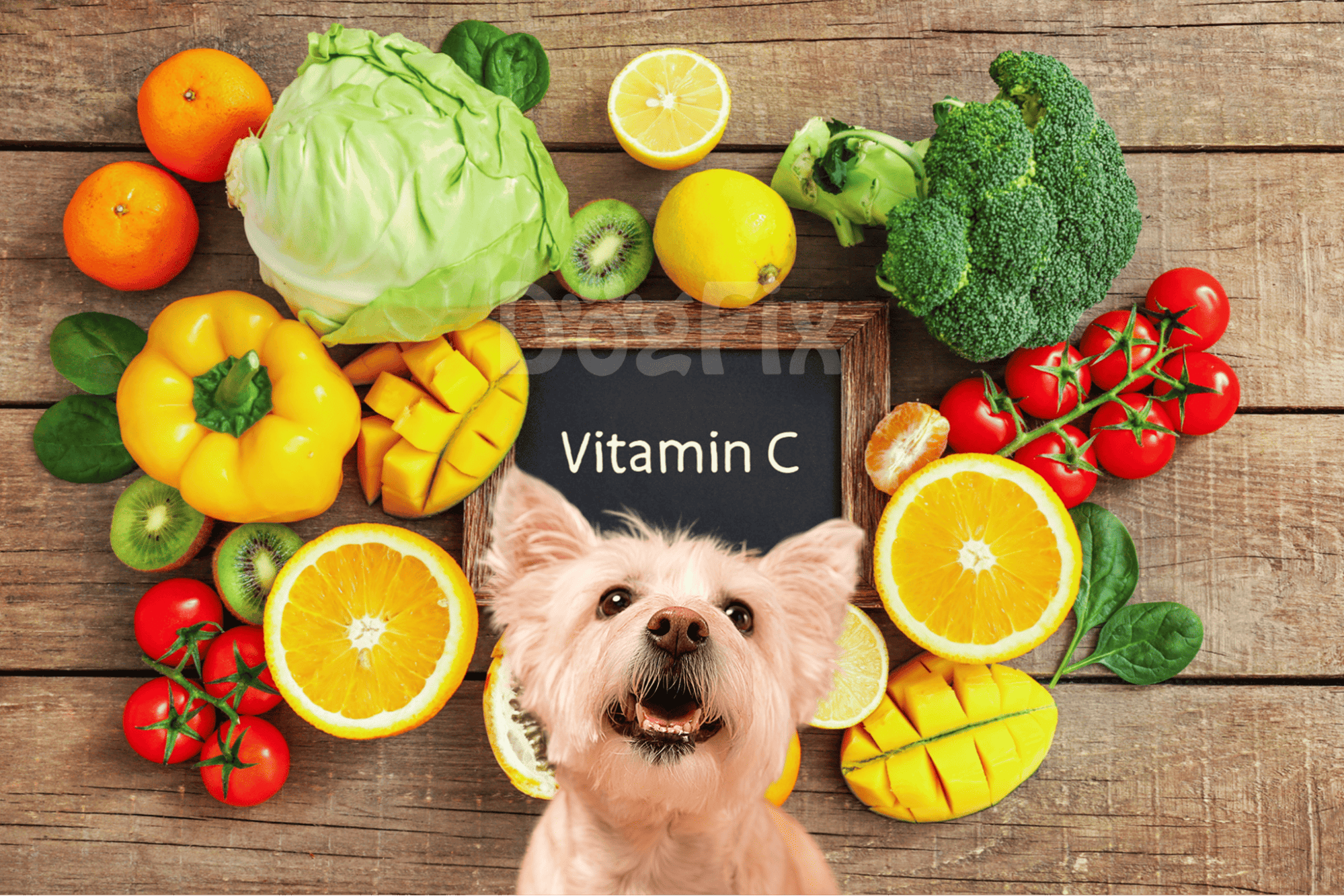 A cute dog surrounded by fresh tropical fruits and vegetables high in Vitamin C, ideal for healthy dog nutrition.