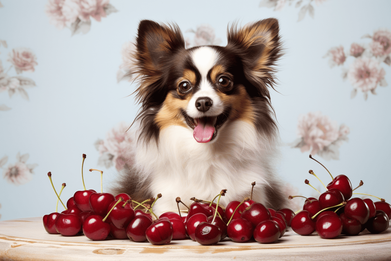Cute Australian Shepherd dog smiling with cherries on a wooden table, cheerful pet photography.