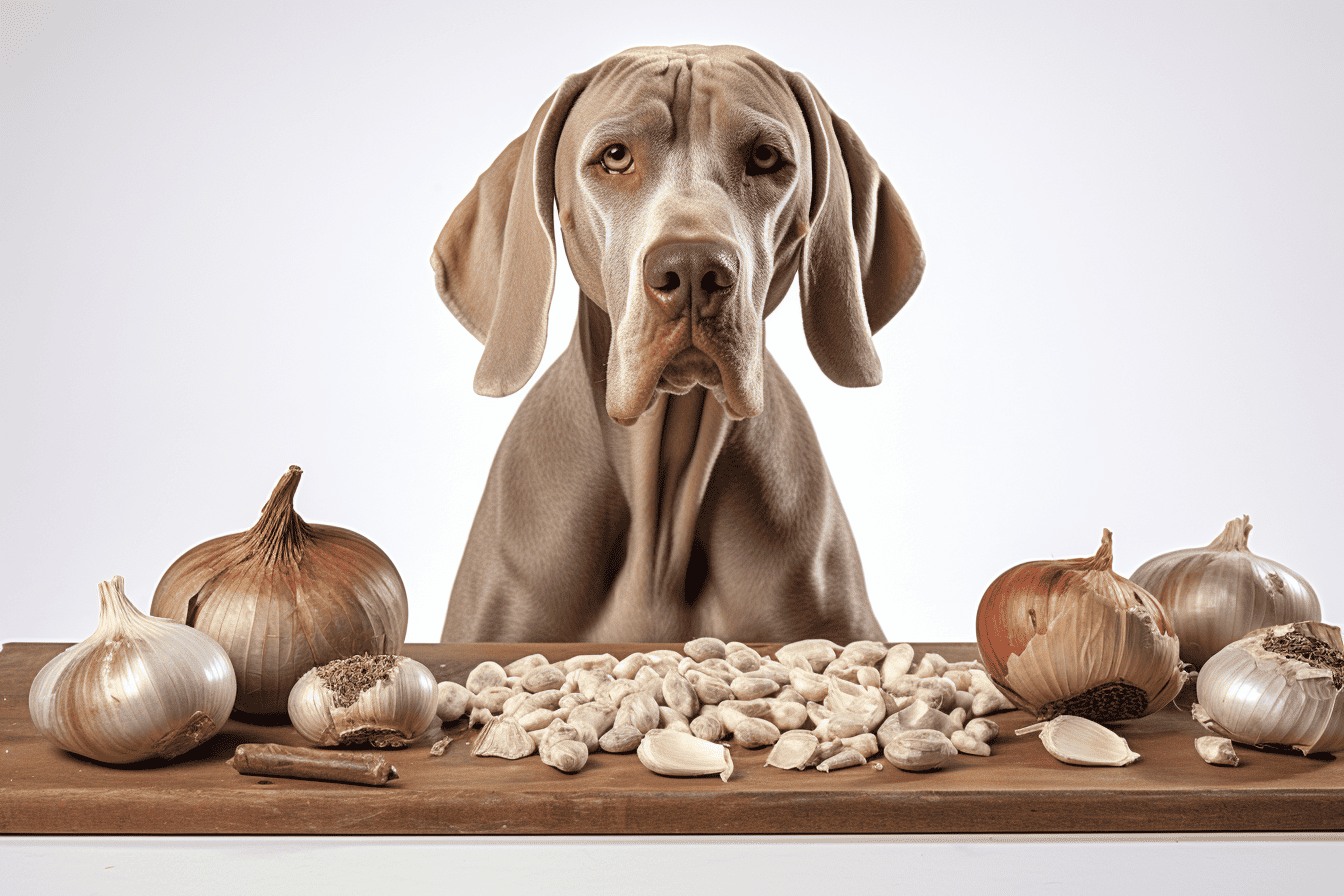 Dog with garlic, onions, and fennel on a wooden table.