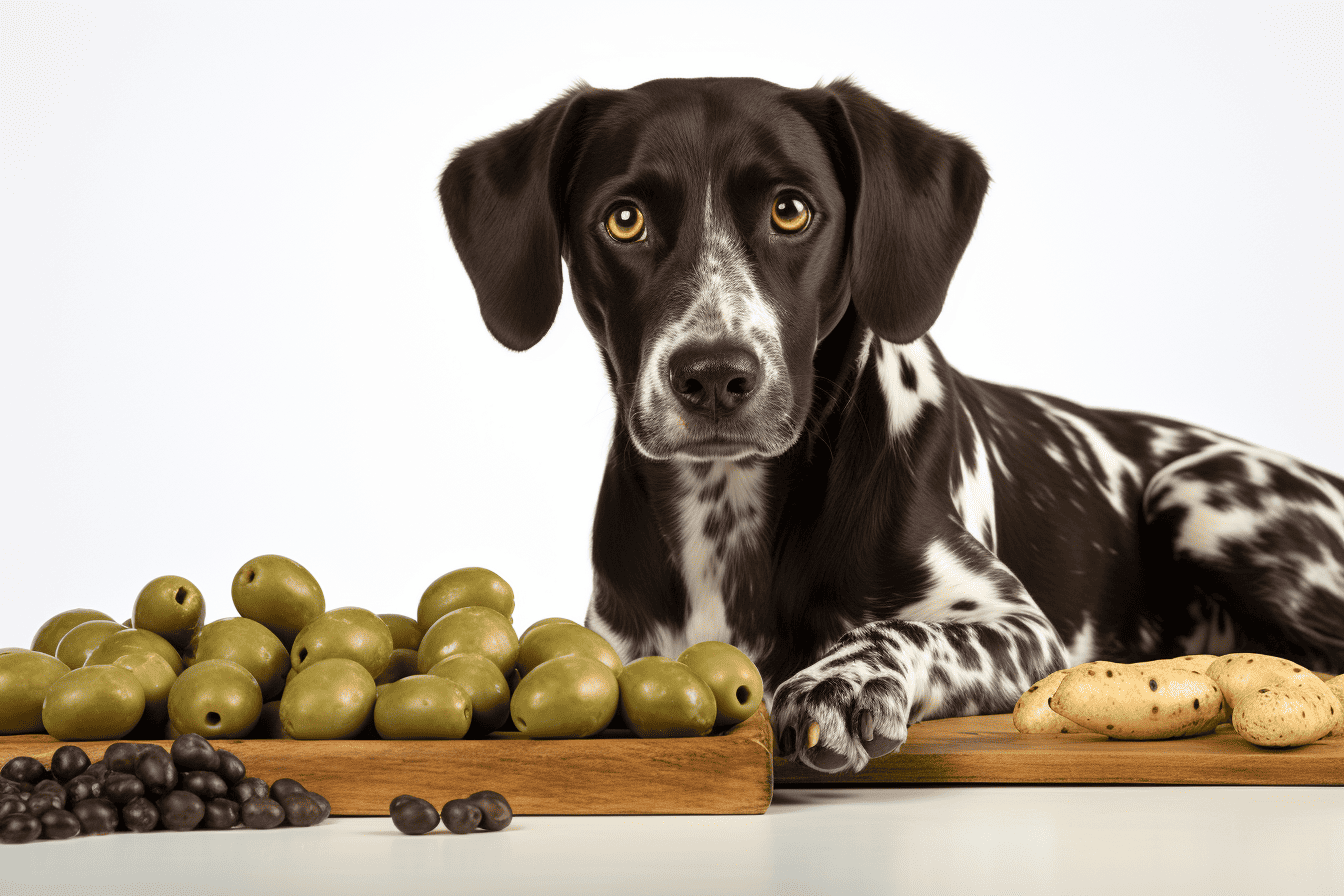 Dog sitting with healthy snacks, olives and cookies.
