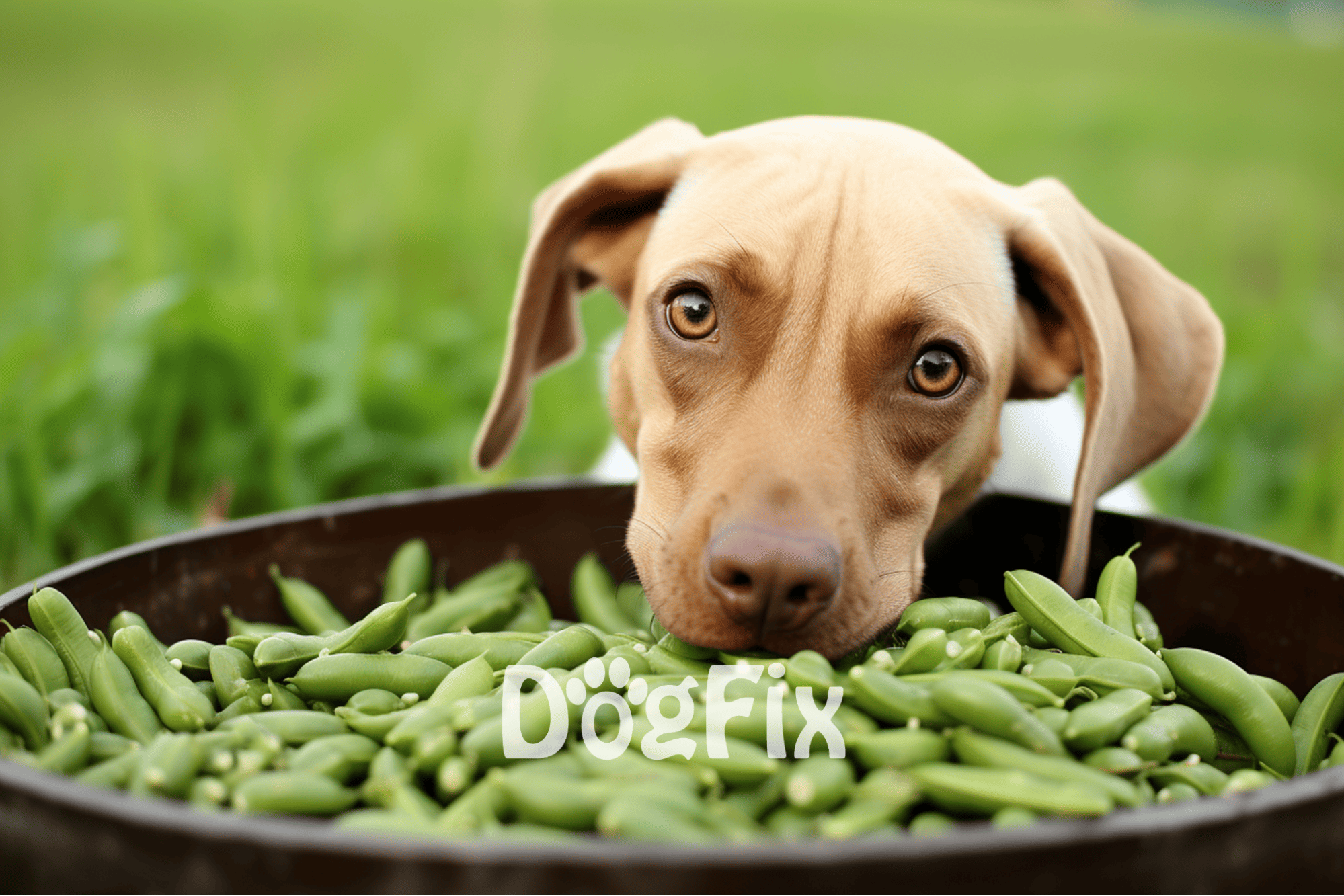 Dog licking a bowl of fresh green beans, healthy dog food choice, natural dog nutrition tips from Dogfix.com.