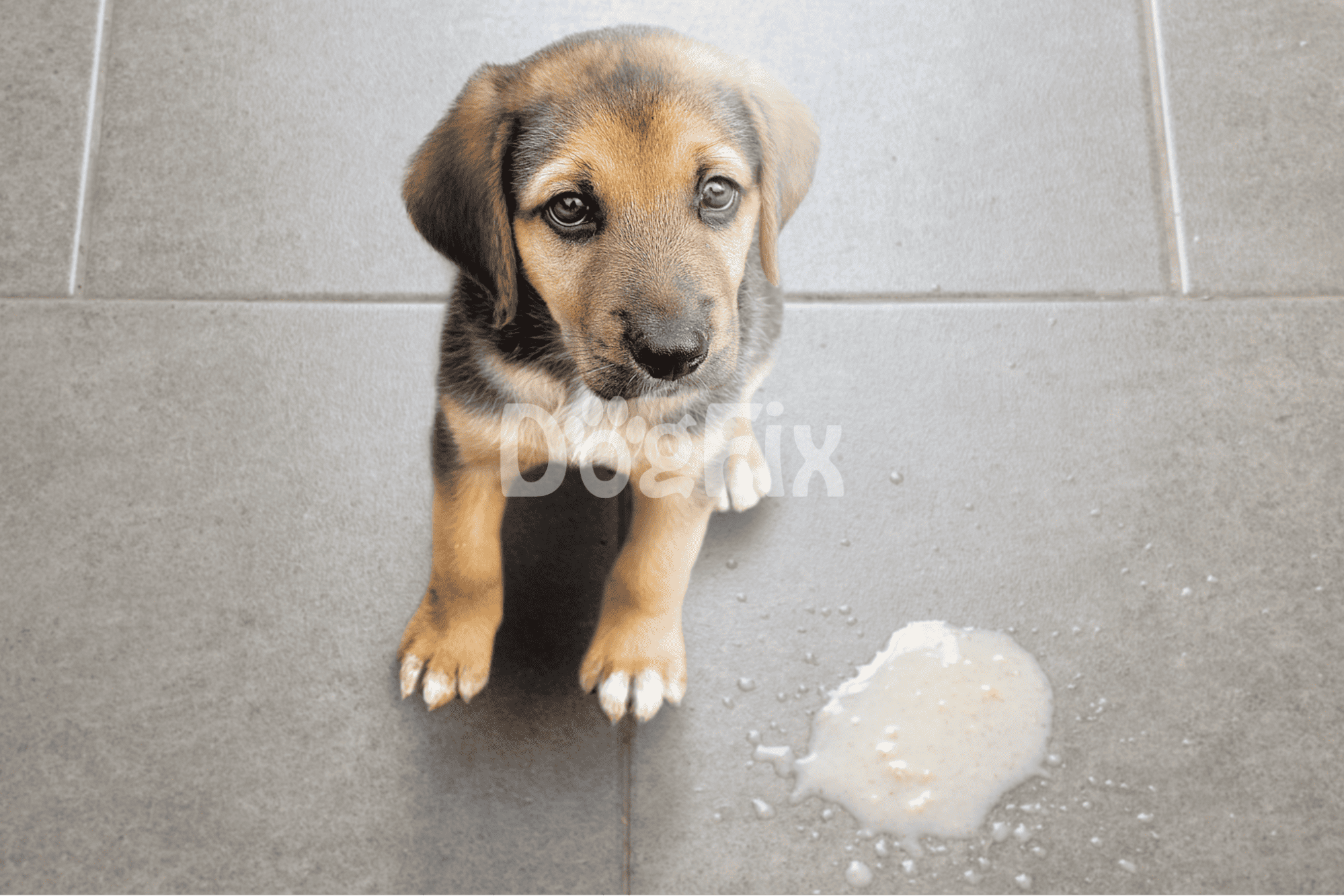 Adorable puppy sitting on gray floor near spilled milk, cute and youthful dog, pet care.