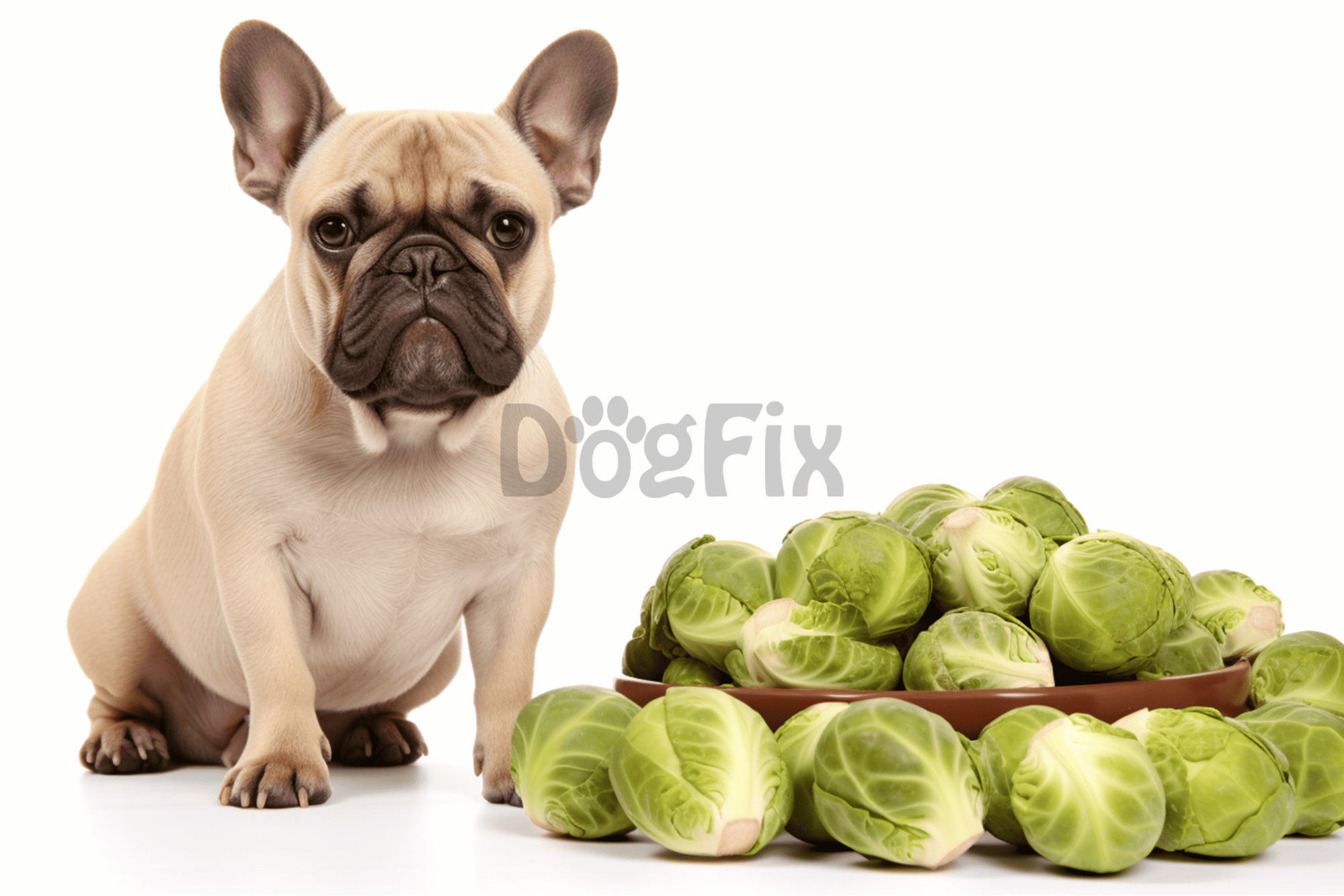 French Bulldog with Brussels sprouts for healthy dog diet.