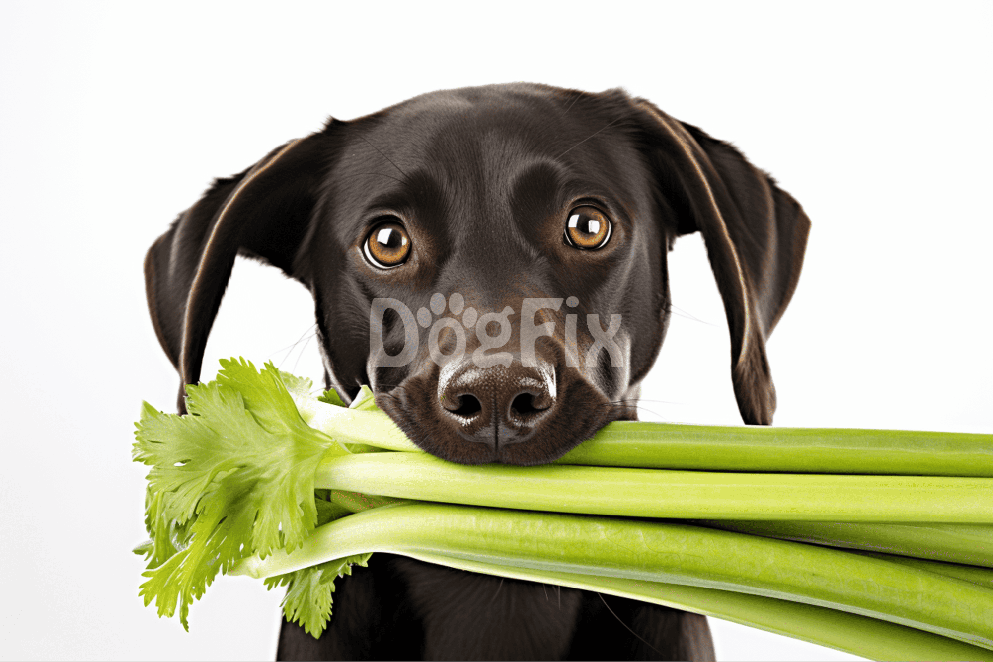 Dog holding fresh celery sticks in mouth for a healthy treat.