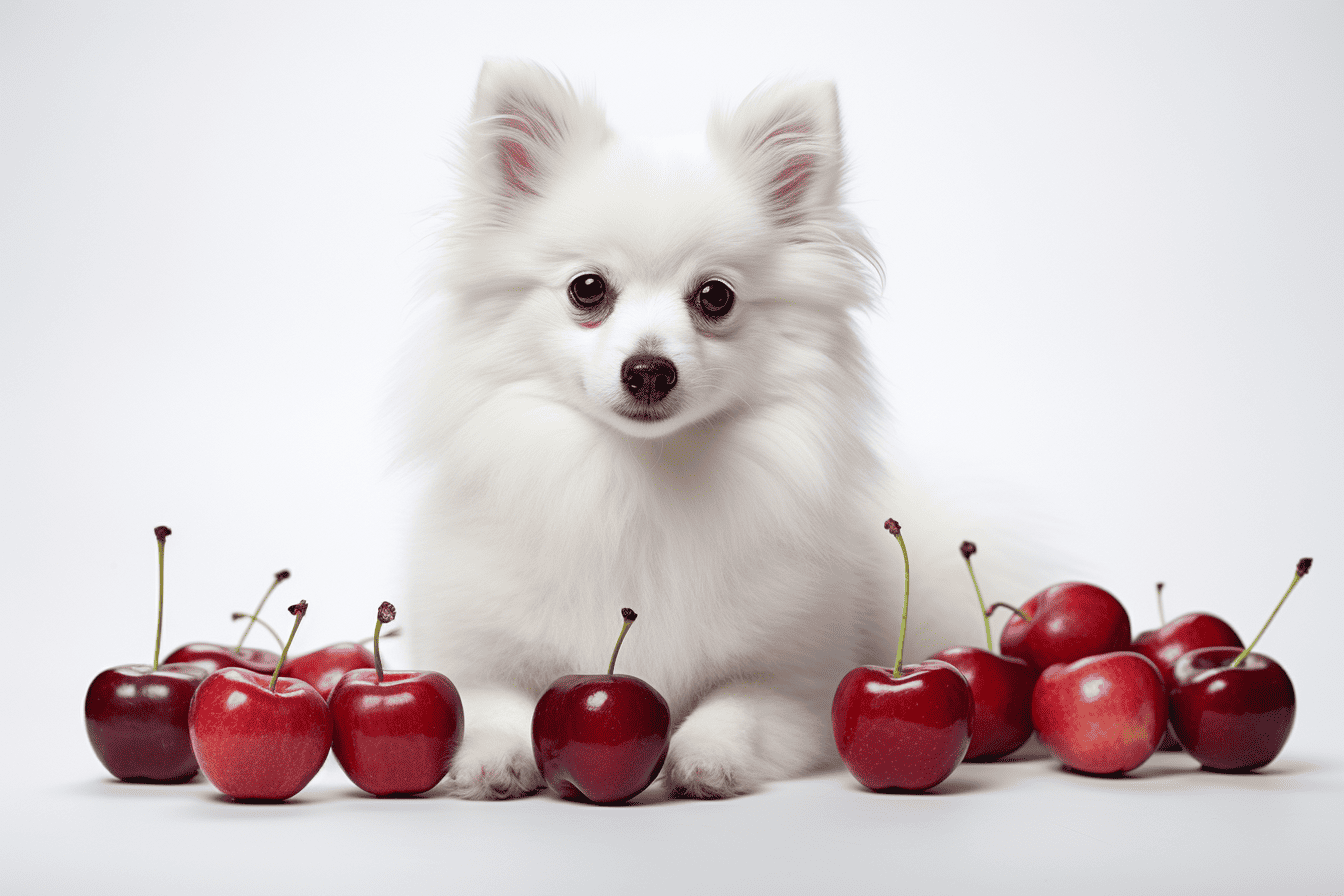 Adorable white Pomeranian puppy surrounded by ripe cherries on a white background.