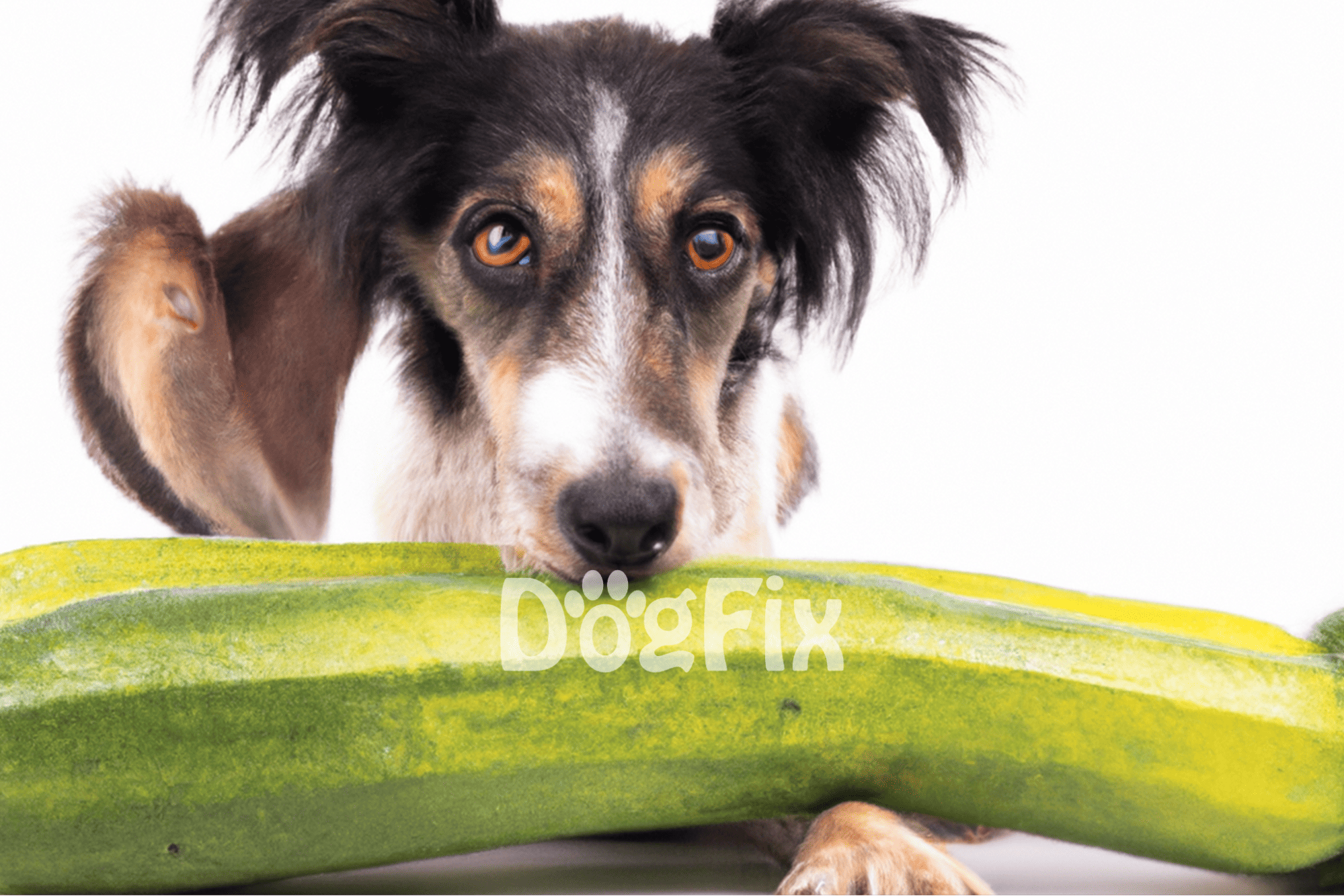 Adorable dog with a cucumber on a plain white background, promoting pet health and wellness.