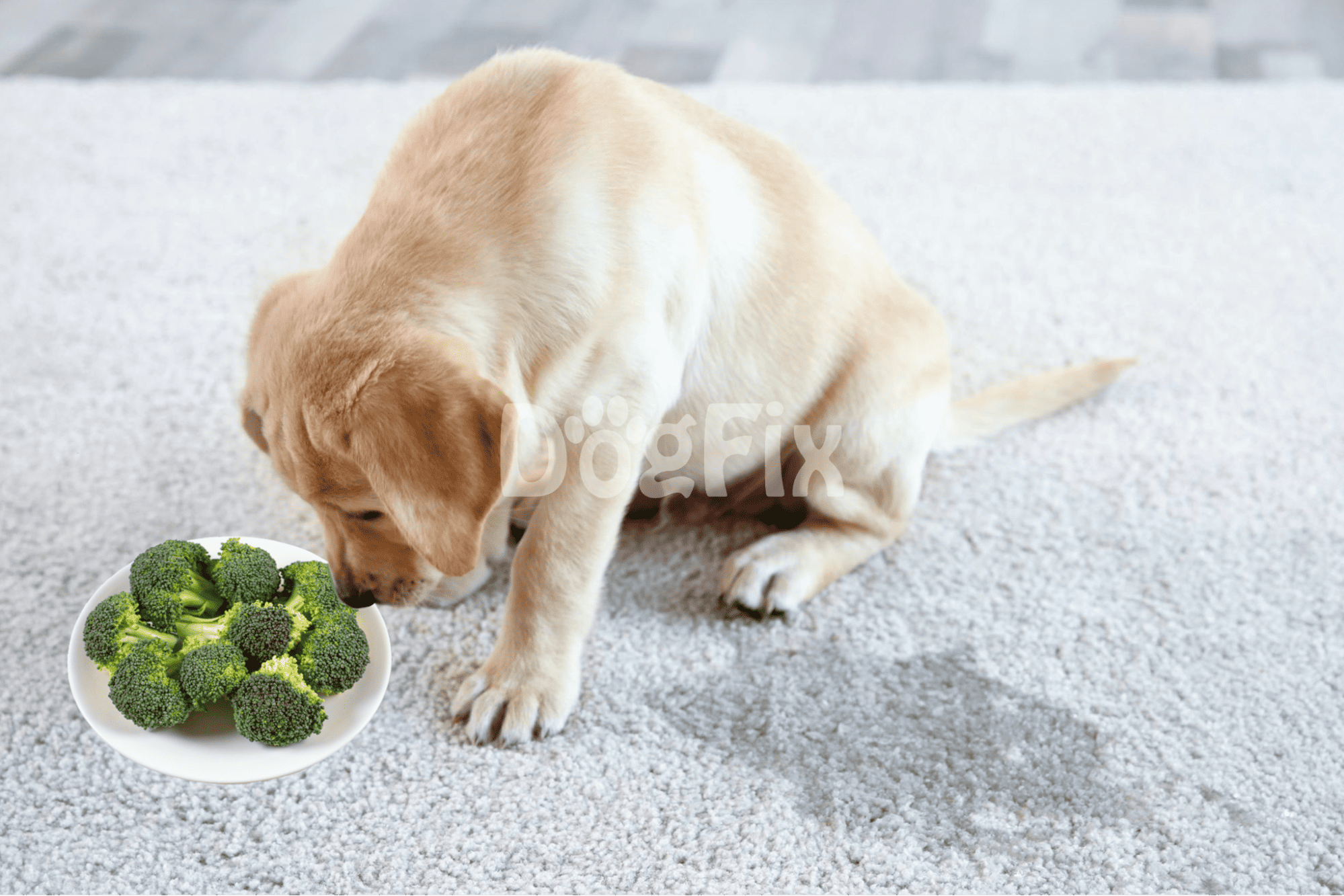 Dog enjoying healthy broccoli snack on soft beige carpet.