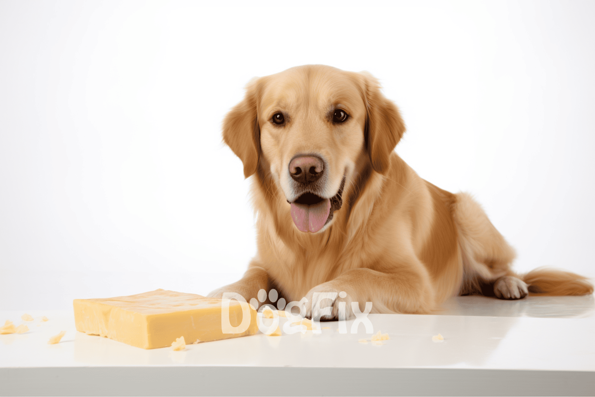 Happy Golden Retriever with cheese, litter on white background.