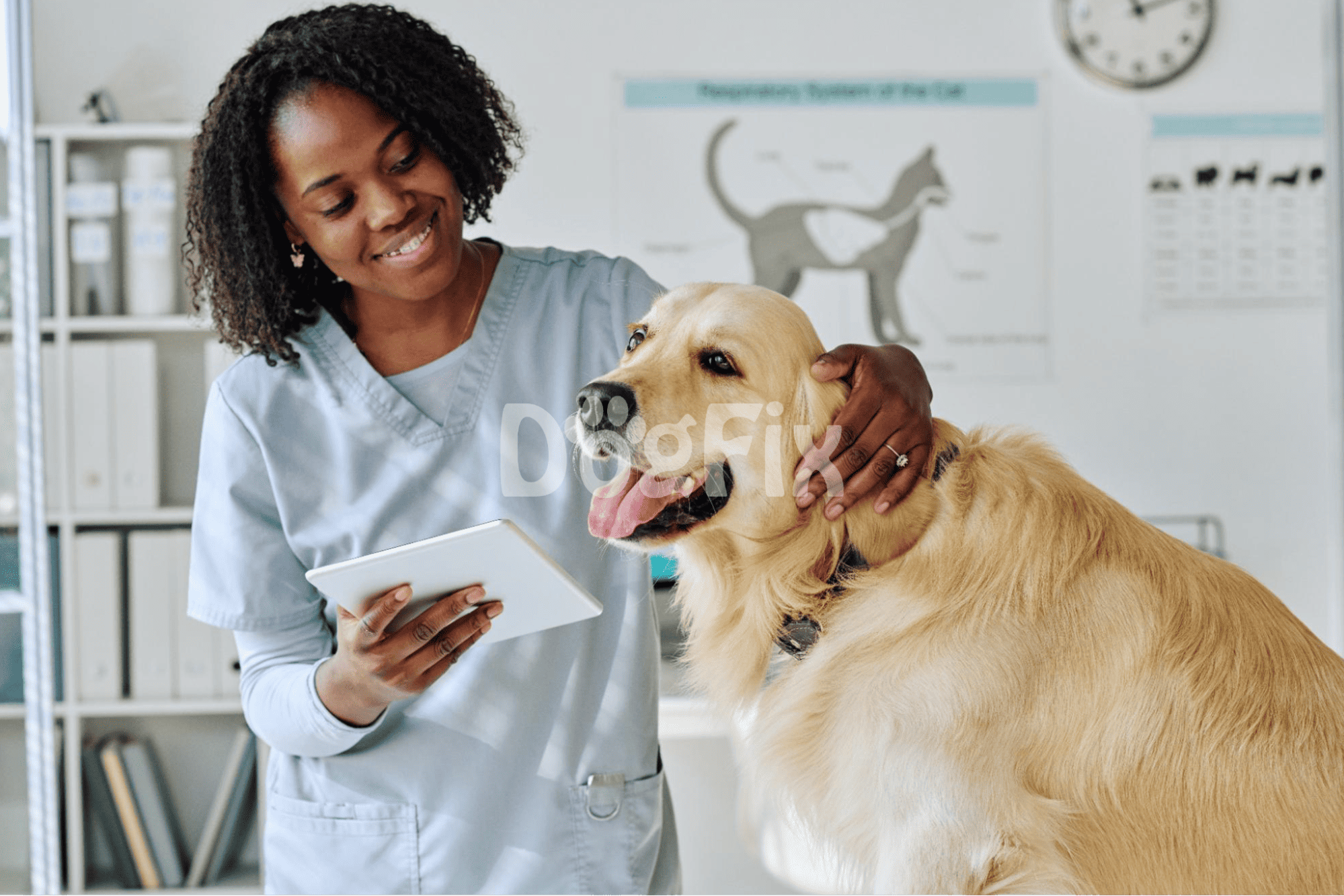Veterinary vet caring for golden retriever dog in clinic, animal health, pet care, dog treatment, vet services.