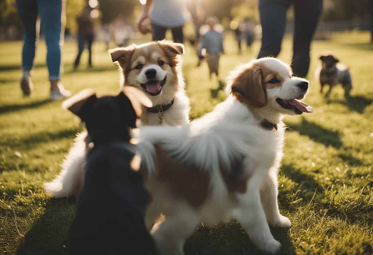 Adorable puppies enjoying a park walk with people in the background.