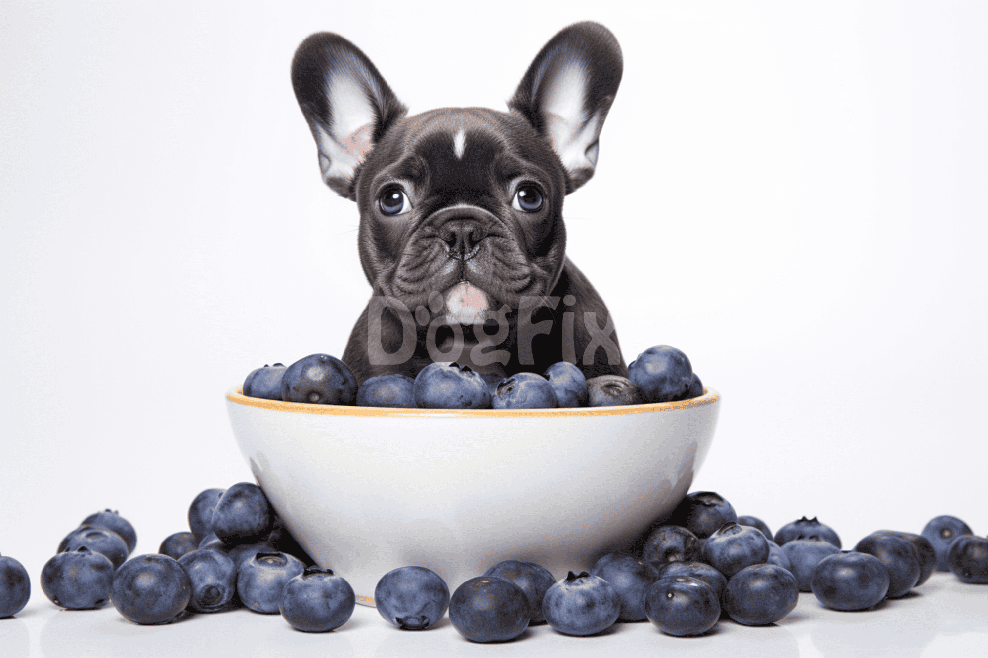 Adorable French Bulldog puppy sitting in a bowl filled with blueberries, emphasizing healthy dog snacks and pet nutrition.